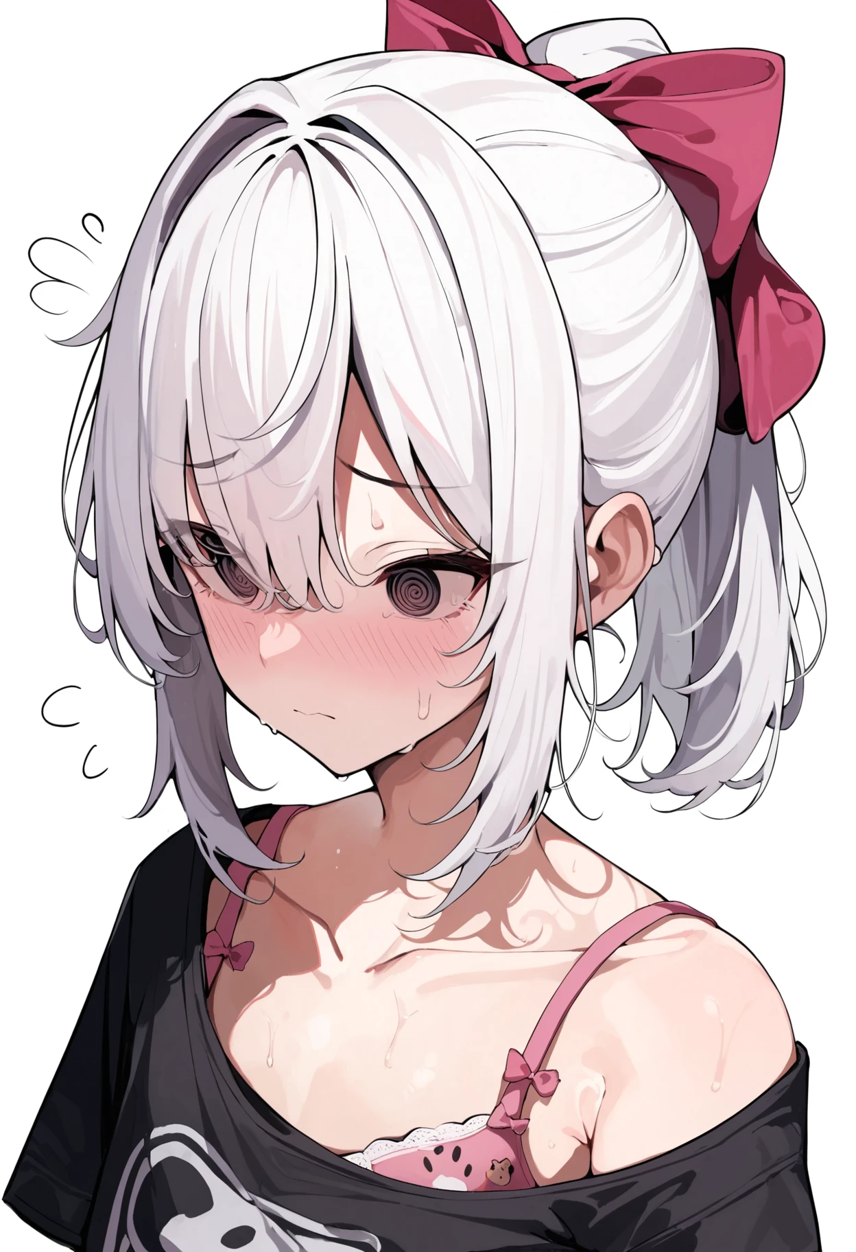 score_9, score_8_up, score_7_up,
1girl, solo, blush, bangs, simple background, shirt, white background, bow, closed mouth, collarbone, upper body, ponytail, white hair, hair bow, sweat, off shoulder, red bow, black shirt, hair intakes, pink bow, @_@, bra strap, bear print,
<lora:Testame-_style:1>, testame,