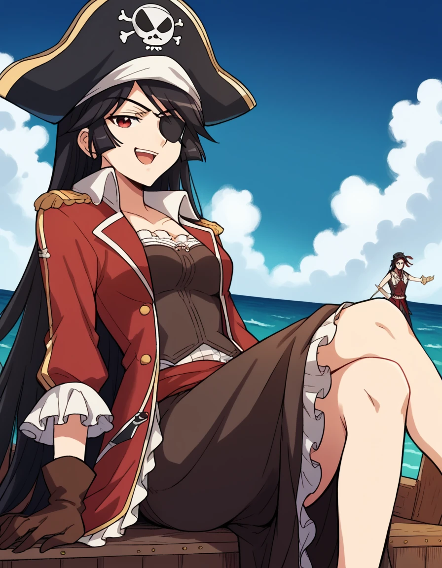 score_9, score_8_up, score_7_up, source_anime, <lora:reiri-kamura-s1-ponyxl-lora-nochekaiser:1>, reiri kamura, long hair, black hair, red eyes, hime cut, medium breasts,, <lora:pirate-costume-ponyxl-lora-nochekaiser:1>, pirate costume, pirate hat, skirt, gloves, jacket, shirt, eyepatch,, blue sky, sea, ocean, pirate ship, treasure, gold, smug, open mouth, from below, sitting,, , dutch angle, cowboy shot