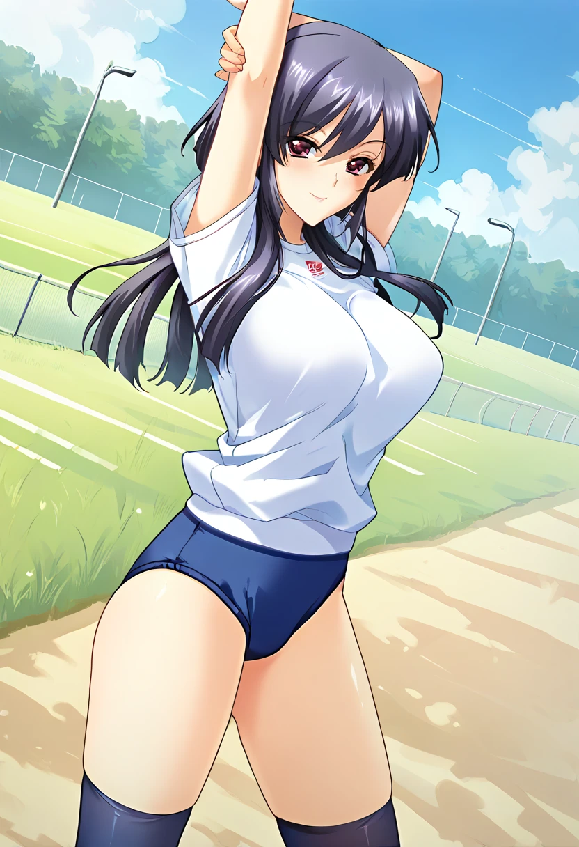 score_9,score_7_up,(source_anime),zPDXL2,outdoors,field BREAK
nat5uk1,1girl,solo,long hair,sidelocks,bangs,pink eyes,smile,black hair,large breasts,socks,  kneehighs, gym uniform, blue buruma, stretching, cowboy shot, dutch angle, <lora:natsuki:1>