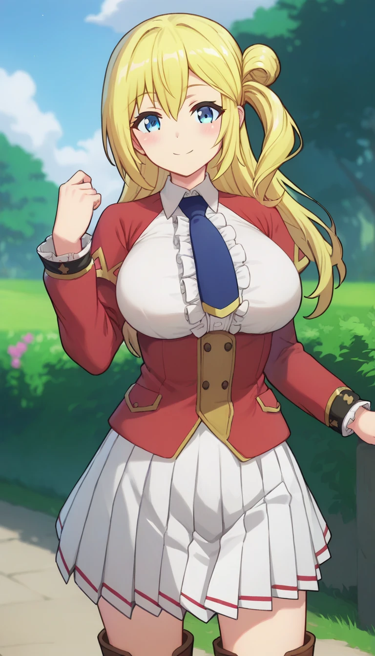 score_9,score_8_up,score_7_up,score_6_up BREAK official art,solo,outdoors,cowboy shot,looking at viewer,facing viewer,smile,blush,Enome,long hair,blonde hair,side ponytail,single hair bun,one side up,hair between eyes,bangs,blue eyes,red jacket,breasts out,blue necktie,short necktie,collared shirt,white shirt,center frills,long sleeves,large breasts,underbust,miniskirt,white skirt,pleated skirt,thighs,knee boots,brown footwear,<lora:Enome(ig)-Pony:1.6>,