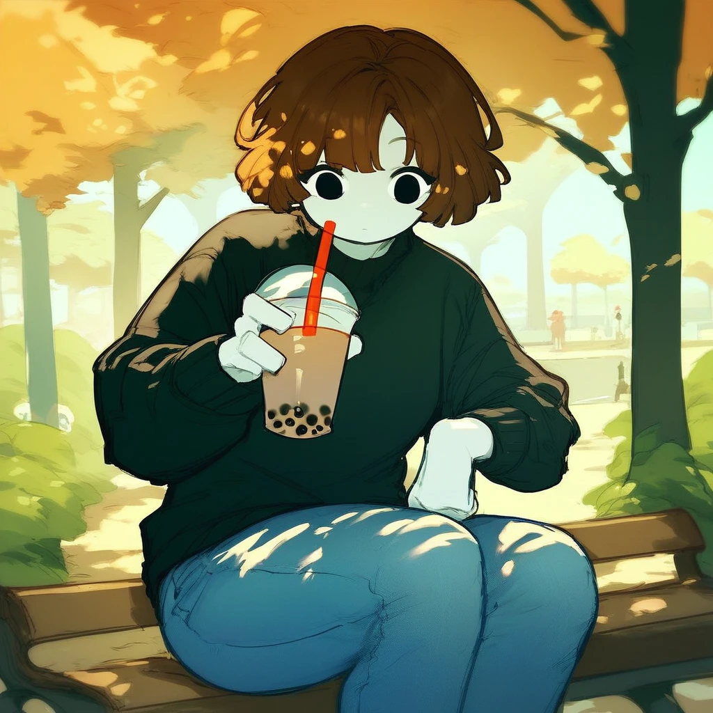 score_9_up, score_8_up, score_7_up, mikus-sona, white skin, black eyes, brown hair, black sweater, jeans, park, holding, bubble tea