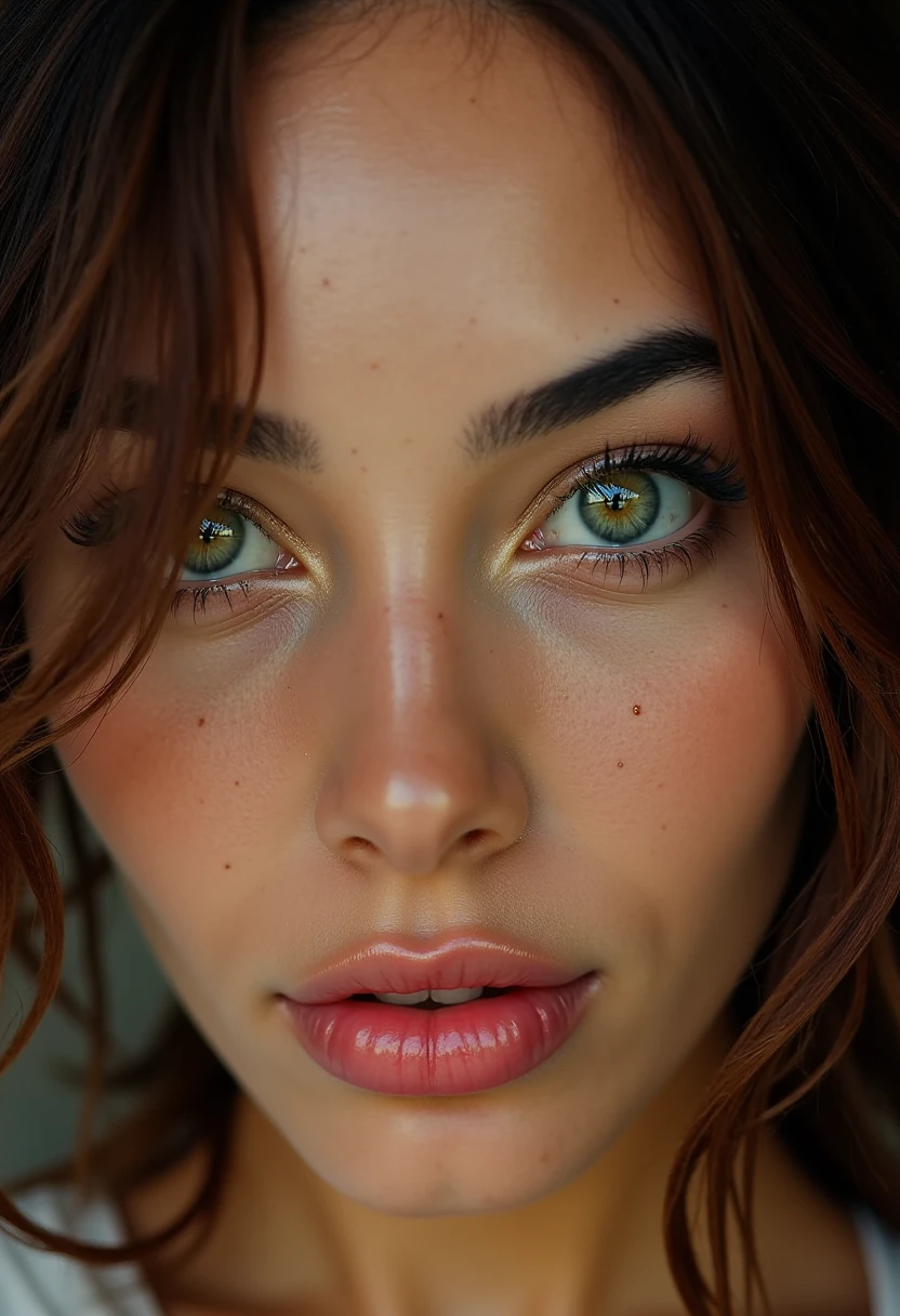 This is a highly detailed, hyper-realistic photograph close-up of a young woman's face. The focus is on her eyes, which are mesmerizing, with detailed irises and pupils that reflect light. Her eyelashes are long and dark, framing her eyes. The skin on her face is smooth, with a natural, youthful complexion, and she has a scattering of freckles across her nose and cheeks. Her cheeks are slightly flushed, adding a sense of warmth and vitality to her expression.

Her hair is dark brown, wet, and tousled, cascading over her forehead and partially obscuring her eyes. The texture of the hair appears realistic, with individual strands visible, and the water droplets glistening on it. The background is blurred, emphasizing the subject's face and eyes. The lighting is soft and natural, casting a gentle glow on her skin, enhancing the details and adding depth to the image. The overall style of the artwork is highly photorealistic, with meticulous attention to detail in both facial features and textures, creating a lifelike portrayal. The emotional impact is intense and intimate, capturing a moment of vulnerability and beauty. D4HN