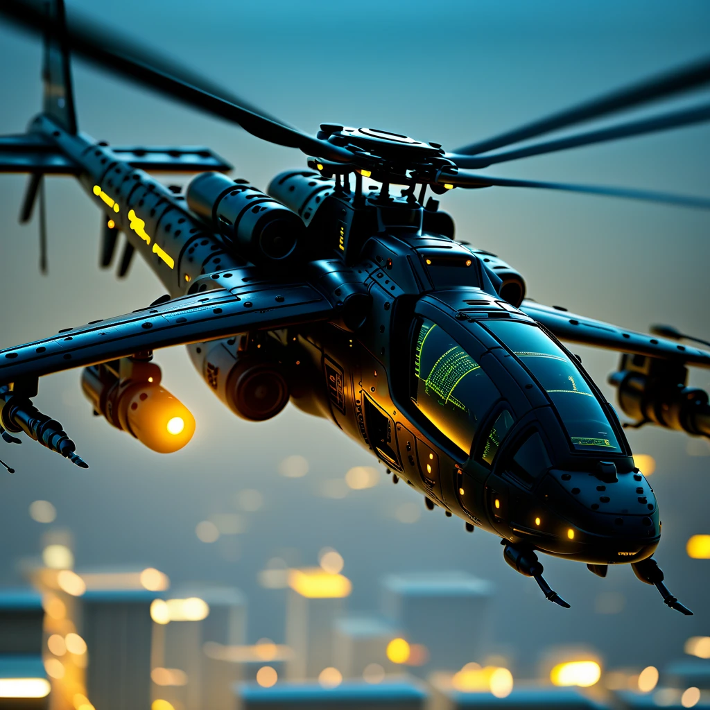 silhouette art,chiascuro,a_skynet_cyberdyne_systems_craft,the image is featuring a futuristic,highly advanced attack helicopter moving rapidly in the air above a cyberpunk city at night.  The hull is made of a dark gunmetal alloy with rivets,bolts,glowing LEDs and diodes,and the helicopter has large guns mounted on the exterior; the cockpit shows glowing led lights,and has a large air intake,motion blur on the propellor blades (black with yellow highlights),two-man crew visible through the cockpit window