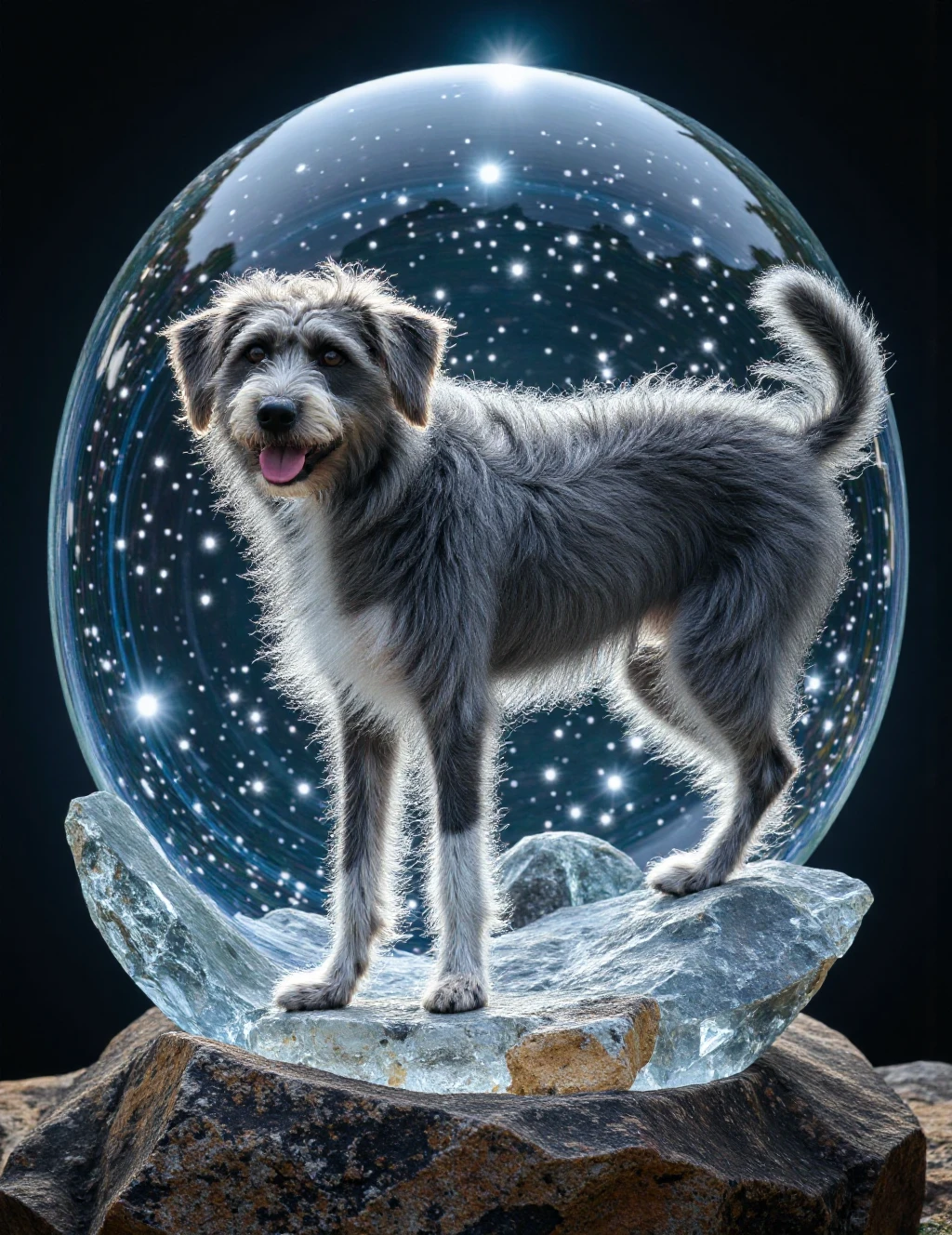A majestic Shepadoodle steps gracefully into a colossal crystal sphere, their grey and white coat shimmering with ethereal energy. As their paw touches the crystalline surface, ripples of iridescent light pulse outward like liquid starlight. Their fluffy fur begins to merge with the cosmic energy inside the sphere, creating a mesmerizing blend of physical and celestial form. Their eyes glow with inner wisdom, reflecting countless possible futures like living opals. Streams of pure energy spiral around their form, their grey fur taking on the quality of flowing mercury while their white patches radiate pure light. The crystal ball itself seems to breathe, its surface undulating with waves of power that transform the dog's silhouette into a constellation of living stars.