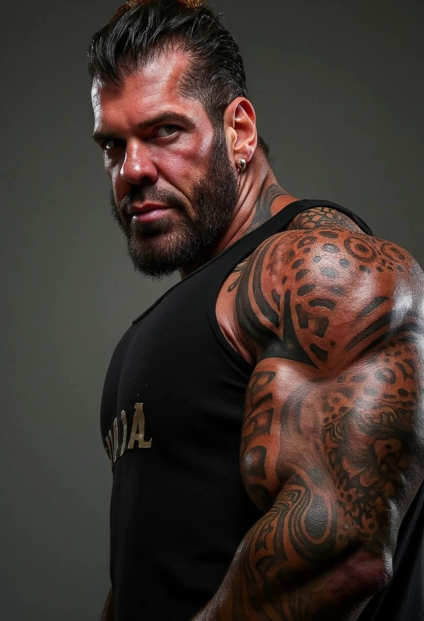  super realistic bodybuilder with tattooed eterochromia  