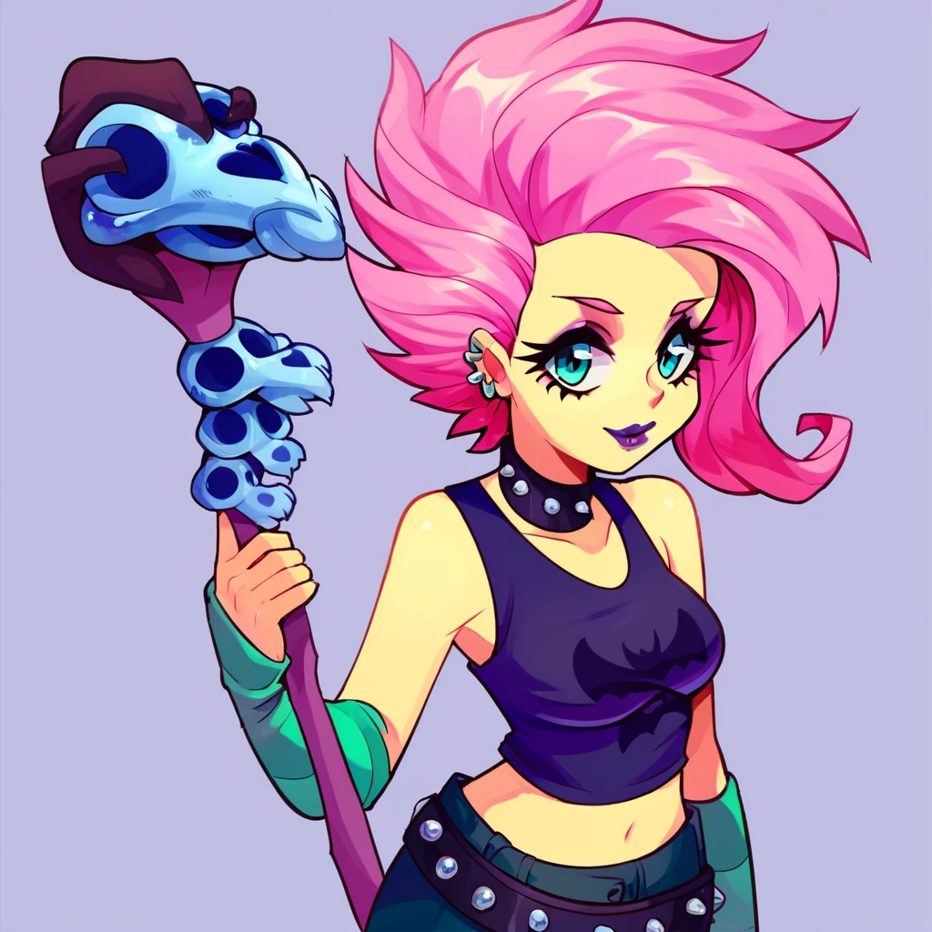 core_9, score_8_up, score_7_up, score_6_up, score_5_up, masterpiece, best quality, flutterpunk, cowboy shot, solo, crop top, 1girl, pink hair, skull staff, looking at viewer, holding staff, lipstick, purple lips