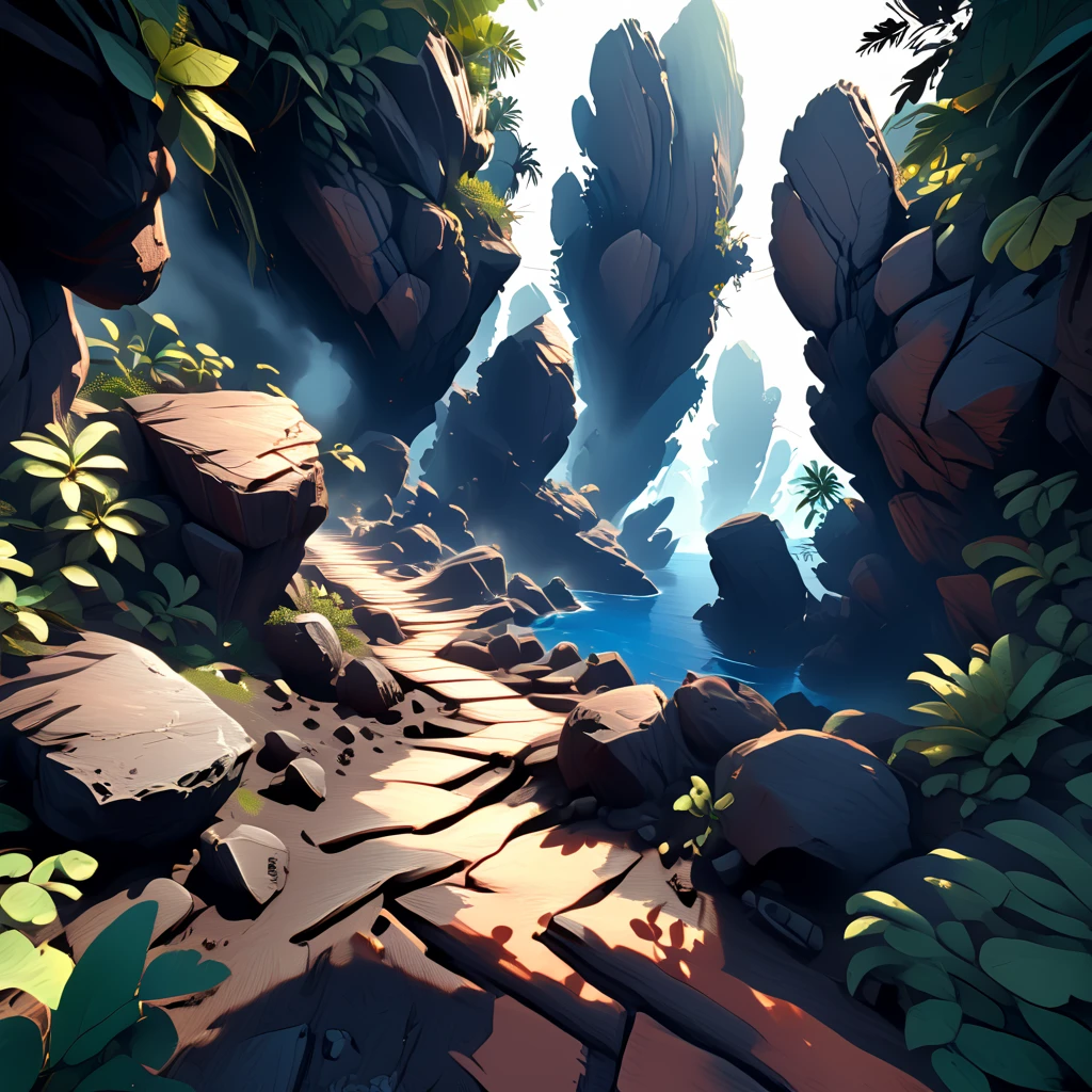 {Rocky Outcrop}, Archipelago biome, first person view perspective, rpg game, in the style of fantasy, volumetric lighting, natural lighting, natural shadows, vector art, digital art,  <lora:artfullyMAP1P:1>, artmap1p,