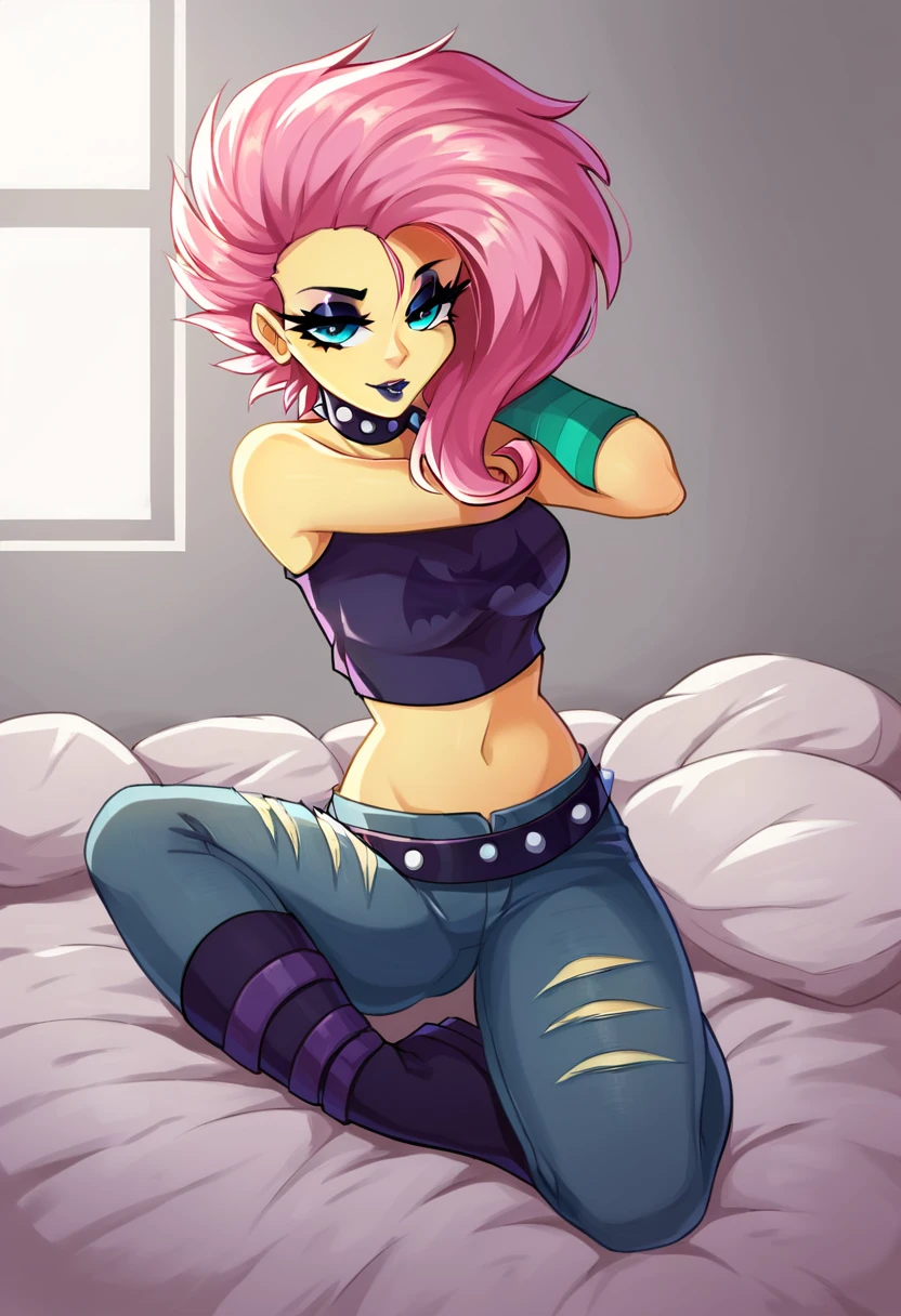 core_9, score_8_up, score_7_up, score_6_up, score_5_up, best quality, flutterpunk, cowboy shot, solo, crop top, 1girl, collar, full body, midriff, perfect anatomy, indoors, on bed, looking at viewer, torn jeans, lipstick, eyeshadow, pinup, pose, posing, bedroom eyes