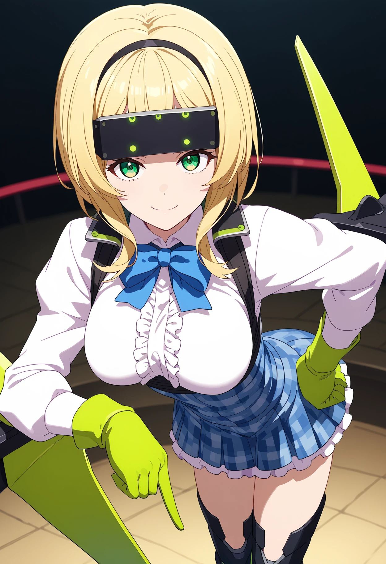 score_9, score_8_up, score_7_up, source_anime,
BREAK
1girl, solo, 
<lora:shiLyudmilaV1B:0.9>, 
shistratorng, blonde hair, green eyes, blue bow, medium hair, sidelocks, 
head-mounted display, 
white shirt, large breasts, long sleeves, frills, 
green gloves, plaid skirt, black thighhighs, boots, underbust, mechanical legs, 
virgin killer outfit, 
looking at viewer, smile, leaning forward, bent over, hand on own hip, pointing at viewer,