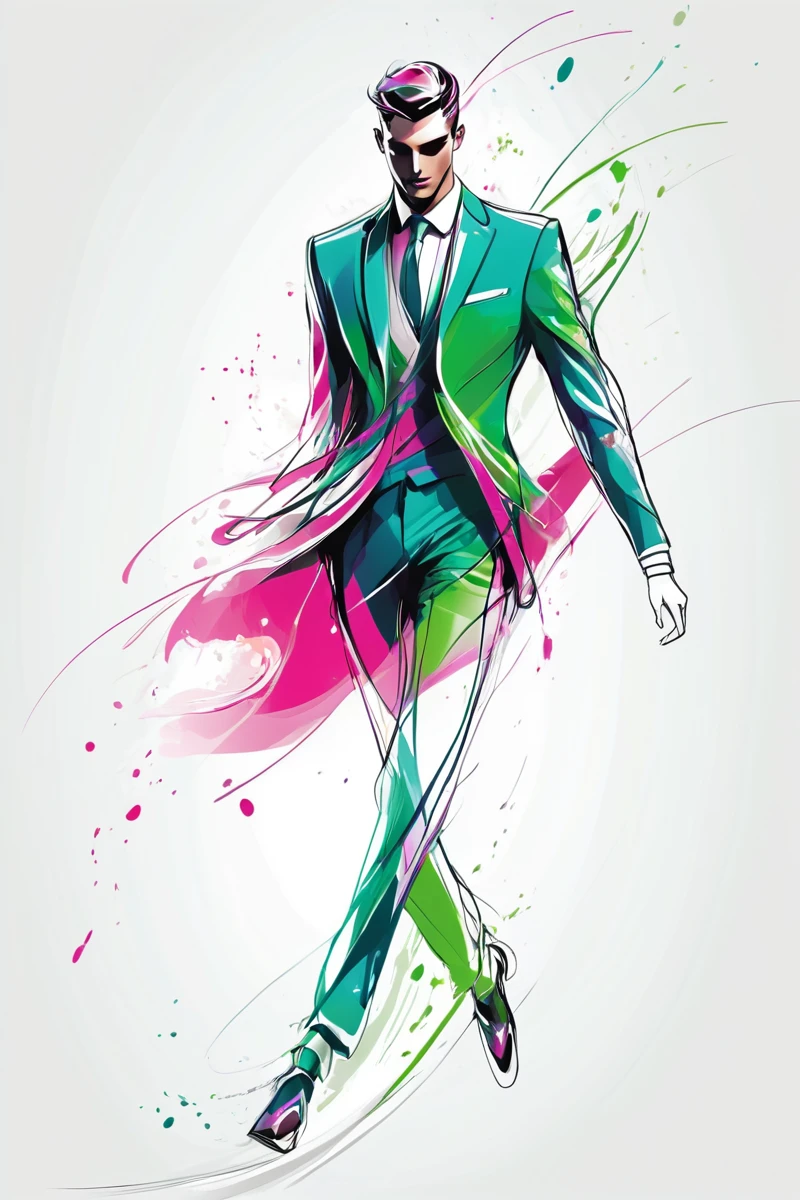 A digital illustration of an elegant man in motion, A minimalist fashion illustration of an elegant man in motion with vibrant colors and fluid lines. The background is white for contrast, creating a sense of movement and elegance. This design is suitable for use across various applications, greens, and grays, highlighting the dynamic pose and stylish attire. Soft lighting creates depth and dimension to showcase movement, rendered as colorful ink splashes on a white background. The colors include vibrant pinks, resulting in a high-resolution, set against a white background. The color palette features shades of blue and green, set against a white background. The colors create dynamic splashes around his figure, standing tall with graceful curves and flowing lines, making it suitable for design projects or promotional materials, adding energy to the composition. His pose is graceful yet powerful as he moves across the scene. This style reflects movement and fashion elegance, A fashion illustration of an elegant man in motion.
<lora:artfullyWHTFSKETCH:1>, artwhtfsketch,