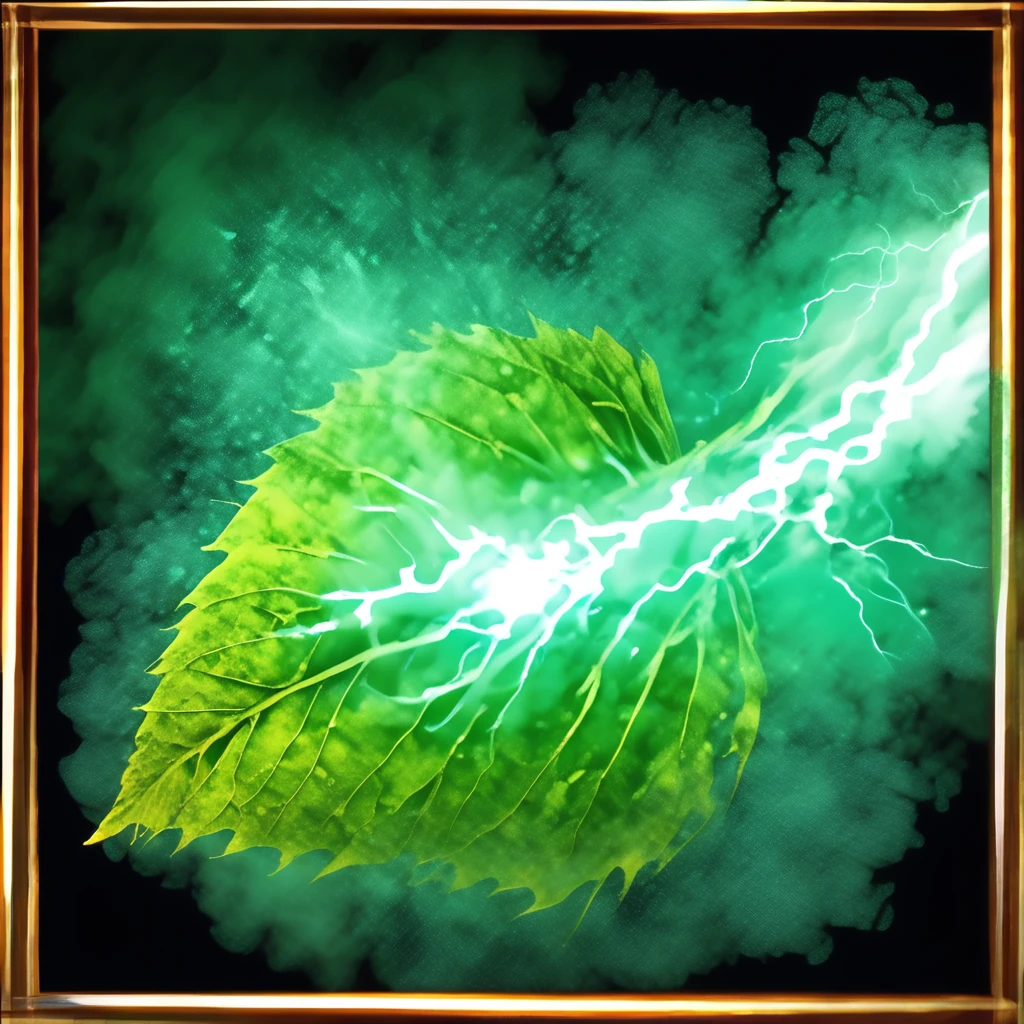 leaf fading, background gradient from black to green, thick green fog, gradient background from black to azure, flying ball lightning scattering sparks, a golden frame, purple mist