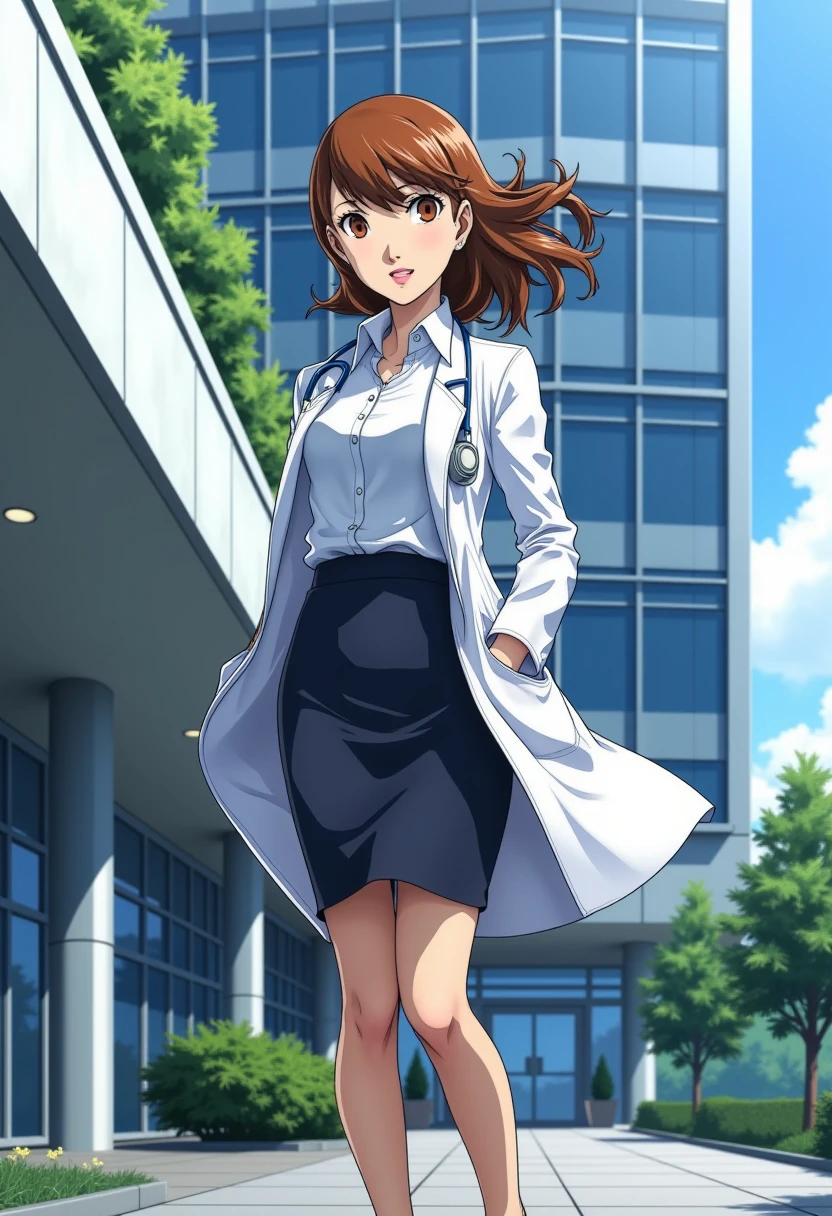 A detailed solo portrait of yukari takeba, 
Anime style, sharp, high contrast and highly detailed.,
<lora:persona_3_yukari_takeba_flux_v1_2-000005:0.9>,
She is wearing a labcoat, a shirt, and a pencil skirt and a pair of high heels. She stands in front of a modern hospital, looking happy. Wind blows through her labcoat. Full body.