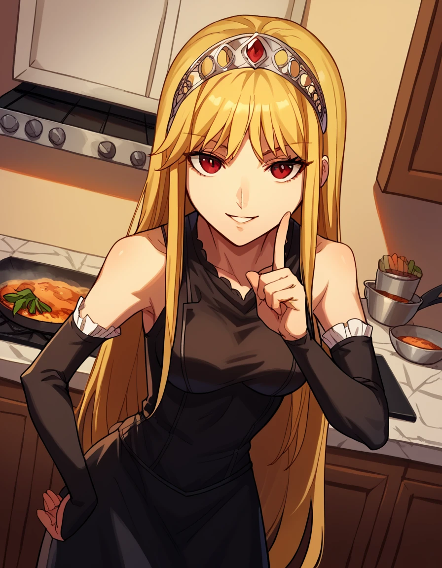 score_9, score_8_up, score_7_up, source_anime, <lora:kaibutsuoujo-liliane-s1-ponyxl-lora-nochekaiser:1>, liliane, long hair, blonde hair, red eyes, very long hair, tiara, medium breasts,, gloves, dress, detached sleeves, elbow gloves, black dress, bare shoulders, sleeveless dress, collarbone, long skirt, , kitchen, cooking, apron, cutting vegetables, home cooking, smile, <lora:finger-to-cheek-ponyxl-lora-nochekaiser:1>, finger to cheek, index finger raised, pointing at self, bedroom, parted lips, leaning forward, bent over, cowboy shot, dutch angle,, looking at viewer, solo,, dutch angle, cowboy shot