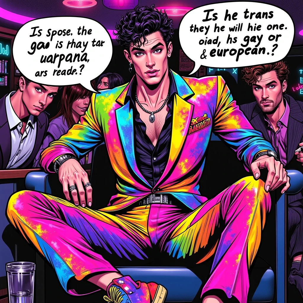 Create a (dynamic, vibrant:1.3) comic-style illustration of a (playful:1.2) scene featuring a (stylish:1.4) gay male in a (versace rainbow suit:1.3) and (raver pants:1.3), sparkles, glitter and raver club vibes, (mysterious:1.2) allure, (raver demure formal kawaii vibes) surrounded by (colorful:1.2) aesthetics with (animated:1.5) expressions, (whimsical:1.3) details, and (hilarious:1.4) dialogue bubbles. Capture the (funny:1.3) tension of "Is he trans, gay or european", while maintaining a (dynamic:1.2) atmosphere, with (bold shadows:1.3) and (expressive eyes:1.4), evoking the playful debate of attraction and identity, dynamic angles and illustrative pencils by Jim Lee and Andy Kubert