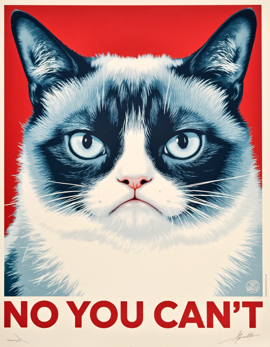 masterpiece, top quality, best quality, ,extreme detailed, colorful, highest detailed. A poster  of grumpycat <lora:grumpy-flux:0.95> ,  grumpy-looking cat, decidedly annoyed face, furrowed brows, exasperated look,   <lora:ShepardFairey:1> ck-fairey, poster, The text "NO YOU CAN'T" is placed neatly at the bottom center,  all in blue and red tones