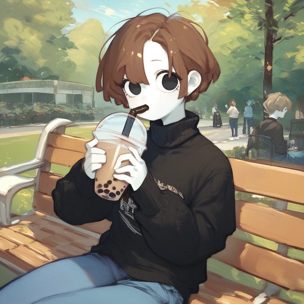 score_9_up, score_8_up, score_7_up, mikus-sona, white skin, black eyes, brown hair, black sweater, jeans, park, holding, bubble tea