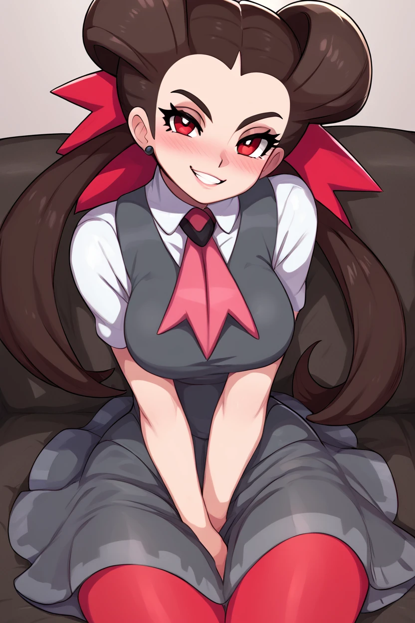 score_9, score_8_up, score_8, medium breasts, (curvy), cute, eyelashes,      ,,,  zzRoxanne, red eyes, long hair, brown hair, twintails, hair pulled back, pantyhose, ascot, grey dress, short sleeves, ribbon, shirt, hair ribbon, <lora:Roxanne_Pokemon_PDXL:1.0> ,,, hand between legs, blush, smug,  ,,,  smile, looking at viewer, blush, blurry, couch, sitting,   ,,, <lora:Afrobull_PDXL_v5:0.8>, ,  ,,, BREAK,   smile, looking at viewer, cowboy shot,   embedding:zPDXL, Expressiveh, <lora:SDXLFaeTastic2400:0.5>,  <lora:Expressive_H-000001:0.4>,