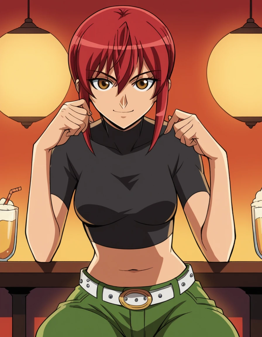 score_9, score_8_up, score_7_up, source_anime, <lora:riza-wildman-s1-ponyxl-lora-nochekaiser:1>, riza wildman, short hair, brown eyes, red hair, hair between eyes, sidelocks, medium breasts,, shirt, short sleeves, midriff, belt, pants, crop top, cropped shirt, green pants, black shirt, turtleneck,, restaurant, laughter, good food, warm lighting, celebration, smile, sitting, elbow rest, table,, looking at viewer, solo,, dutch angle, cowboy shot