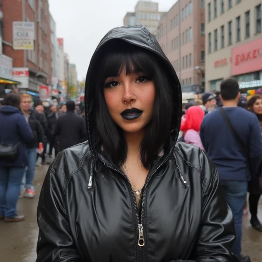 gigiibunnyy, cosplayer, internet personality, latina, realistic, lips, alt girl, closed rain coat, crowded background, raining, black hair, outdoors, Neutral expression,