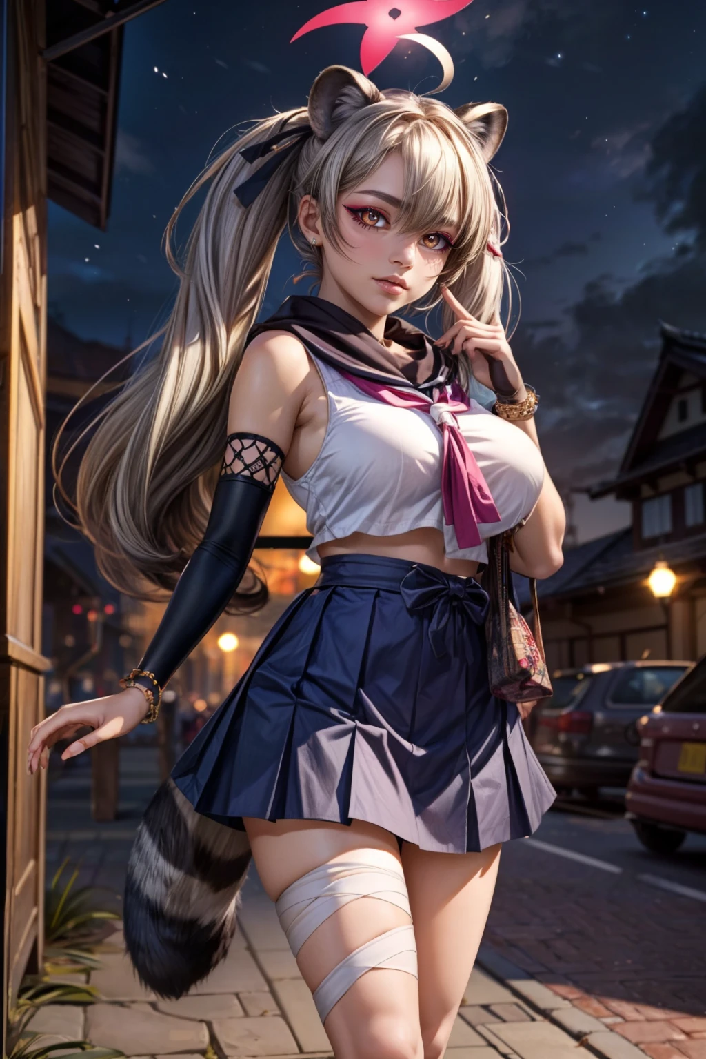 (ultra realistic,32k, masterpiece:1.2),(high detailed skin:1.1),( high quality:1.1), <lora:IllyasvielVonEinzbern_v1:0.7>, zzIllya, looking at viewer, night, outdoors, sky, BREAK,   <lora:Michiru_BlueArchive_Citron:0.8>, zzMichiru, animal ears, grey hair, long hair, raccoon ears, raccoon girl, halo, twintails, yellow eyes, hair between eyes, ,multicolored hair, tail, raccoon tail, hair ornament, ahoge, fang , black pantyhose, black scarf, neckerchief, ninja, pleated skirt, serafuku, sleeveless, blue skirt, eyeshadow, bridal gauntlets,  ribbon, bandaged leg, japanese clothes, shoes,   ,BREAK,  blooming stars, luminescent petals, otherworldly fragrance blurry background, (looking at viewer, standing:1.1), huge breast, large breast, <lora:add_detail:0.92>, (glowwave:1.1),