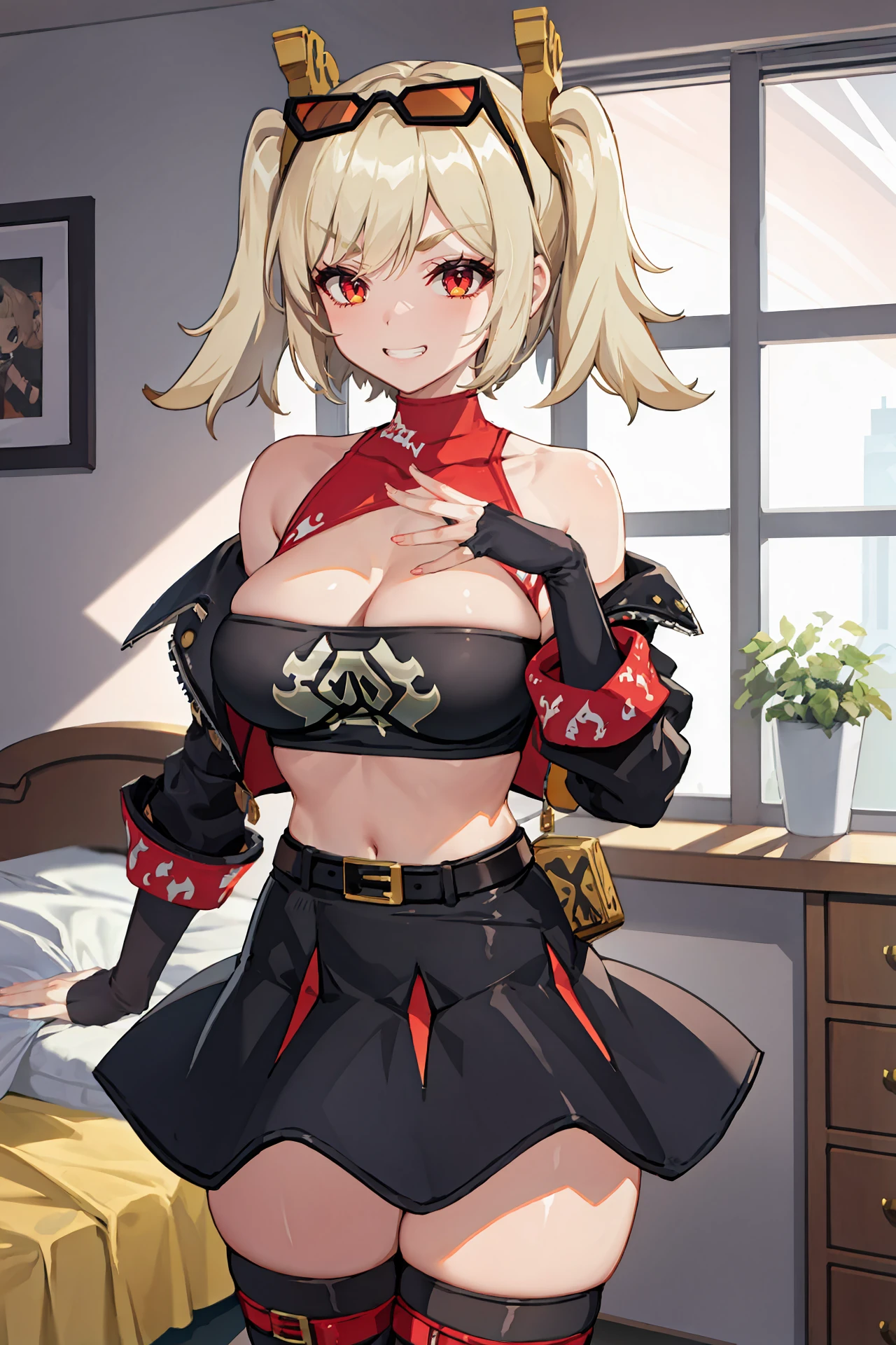 1girl, burnice white, twintails, black skirt, hair ornament, sunglasses on head, latex thighhighs, smile, cropped jacket, off shoulder, bare shoulders , fingerless gloves, sleeveless turtleneck, tube top, cowboy shot, standing, grin, v-shaped eyebrows, looking at viewer, double v, bedroom, indoors, depth of field