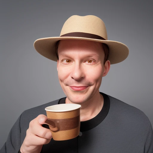 solo, wristwatch, upper body, simple background, cup, hat, male focus, realistic, brown eyes