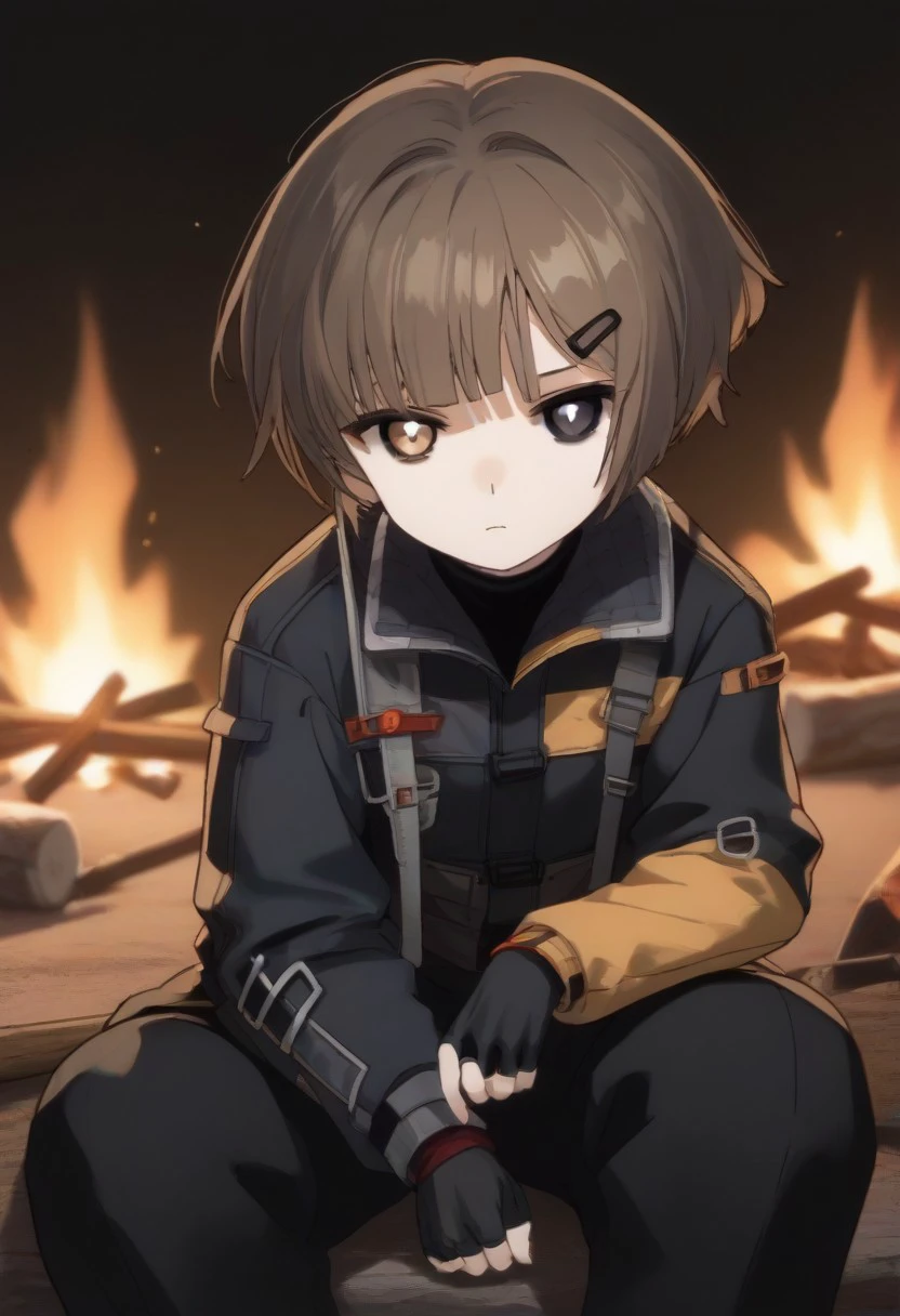 score_9, score_8_up, score_7_up, source_anime, BREAK sitting, campfire, expressionless, hairclip, short hair, brown hair, (heterochromia, white iris, black iris:1.2), jacket, bangs, jacket, fingerless gloves, looking at viewer, white pupil, black pupil