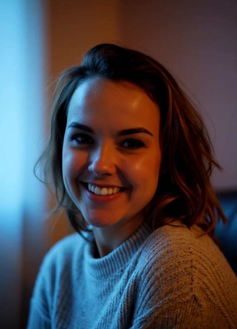 a photo of Dillion, looking into the camera with a smile. shes wearing a wool sweater. 
The scene is illuminated with soft gradients of color, where subtle transitions from warm to cool tones give the space a dynamic yet harmonious feel. 

Captured with an...