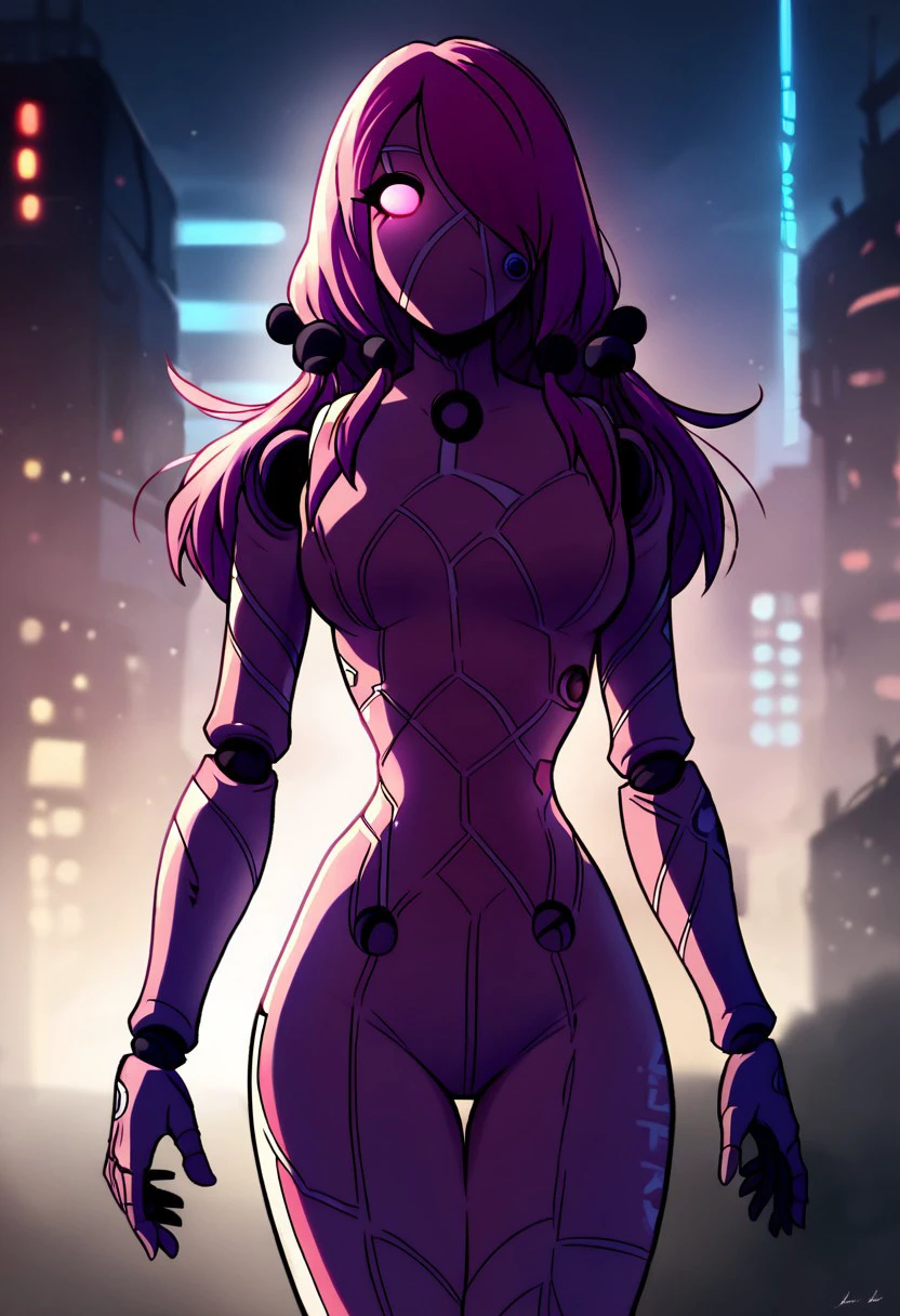 score_9, score_8_up, score_7_up, score_6_up, score_5_up, score_4_up, source_anime, masterpiece, 4k, dynamic lighting, best quality BREAK Paispark, 1girl, colored skin, pink hair, pink eye, no pupil, , , long hair, one eye, hair ornament, thin waist, wide , shoulder joints, elbow joints, wrist joints, blue joints, knee joints, fully body, flying over neon city