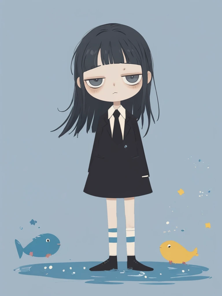 ,chouxian,1girl,black hair,striped,long hair,looking at viewer,dress,necktie,closed mouth,frown,holding,grey eyes,solo,black dress,full body,long sleeves,standing,black jacket,jacket,shirt,makeup,ribbon,collared shirt,parted bangs,striped socks,hair bow,animal,jingguan,cat,water,blue background,star \(symbol\),<lora:abstract-wwm:0.8>