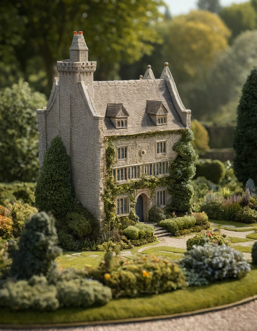 <lora:m1n14tur3_07XL-000008:1.2>,m1n14tur3 style, a small model of an English tower house castle,surrounded by an english garden,trees,birds,landscape architecture render,photo realistic,hyperrealism,ornate,studio photograph,bokeh,tilt shift,intricate detail,dramatic,shadows,model displayed on a gray cloth with a simple background