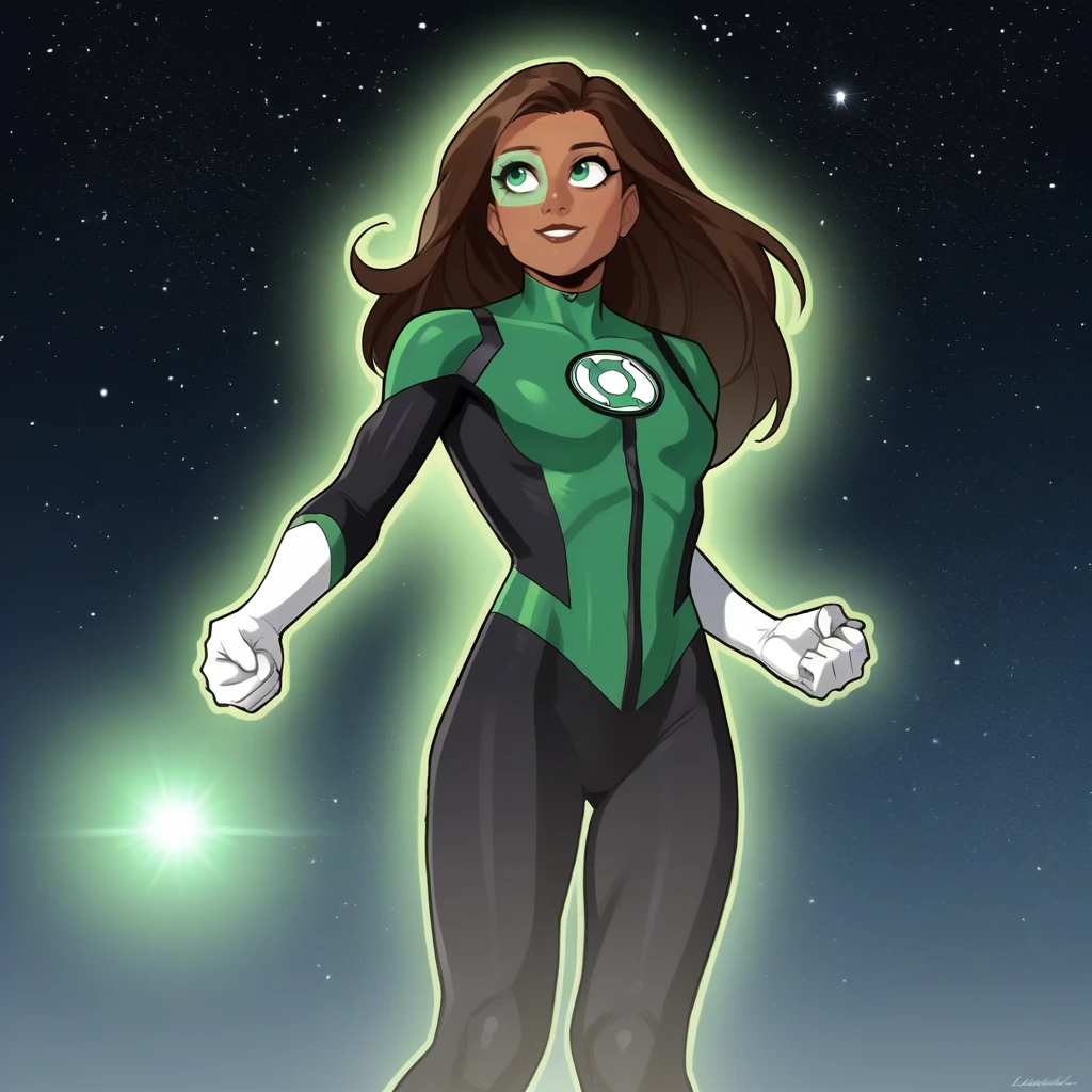 score_9, score_8_up, score_7_up, score_6_up, score_5_up, score_4_up, zPDXL2,source_anime,rating_questionable,1girl, solo, floating, in space, looking away, looking up, smile <lora:Jessica_Cruz_-_DC_Comics:0.8> jessicacruz_dc, dark skin, long brown hair, green eyes, green bodysuit, white gloves,