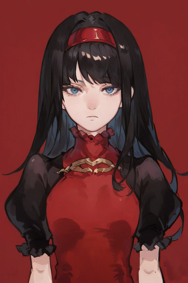 score_9, score_8_up, score_7_up, 1girl, solo, rg1rl, black hair, long hair, red hairband, blue eyes, puffy sleeves, short sleeves, red dress, looking at viewer, expressionless, upper body, red background, outside border