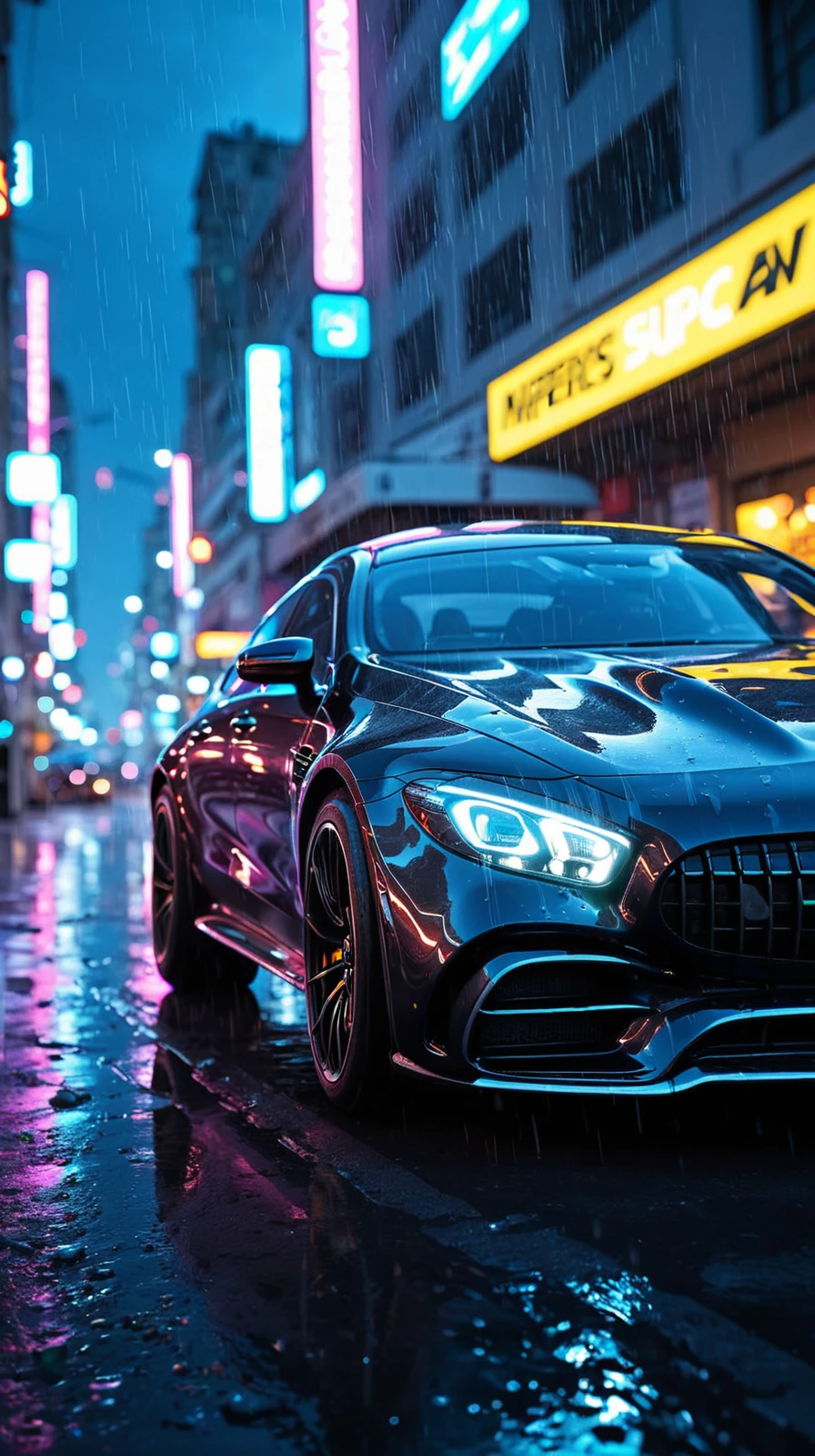 <lora:Tec-000009:0.51>, depth of field, motion blur, 
from the side, black dvr-mercedes-amg-gt63se with white stripes against the sunset  <lora:BeautyInEvilXL:0.11>
Cyberpunk city at night, neon lights glowing, and rain pouring down.
, aidmaHyperrealism, aidmaimageupgrader