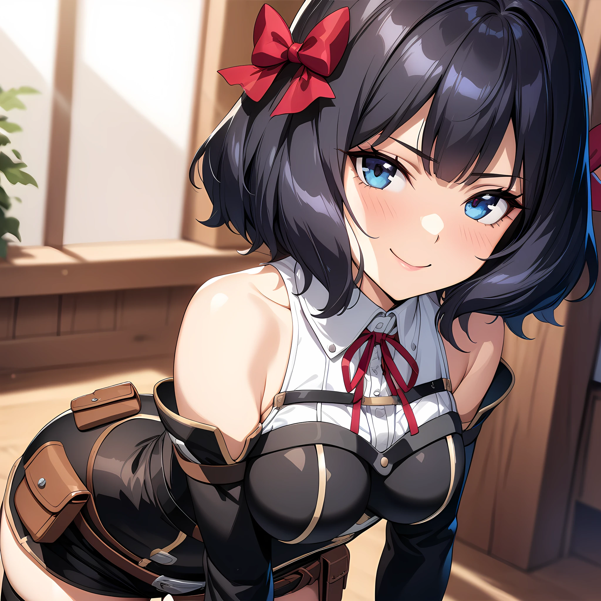 tino_shade, 1girl, short hair, black hair, red ribbon, blue eyes, medium breasts, white shirt, ribbon on neck, black vest, strapped vest, off shoulder, sleeves, brown gloves, fingerless gloves, wide hips, belt, pouch, black thigh high, black thigh boots, upper body view, seductive smile,  <lora:XL-TinoShade:1> <lora:SDXL_SPO:1>, (masterpiece),(best quality),(ultra-detailed),(best illustration),(best shadow),(absurdres),(detailed background),(very aesthetic),