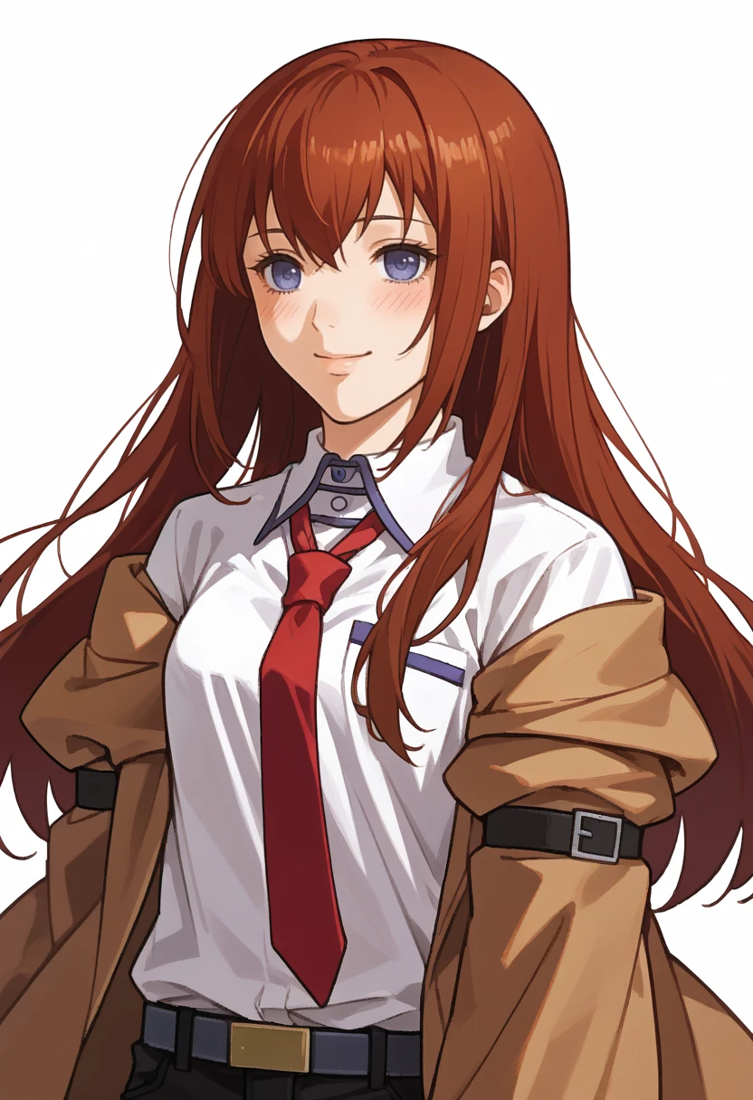 score_9, score_8_up, score_7_up, source_anime, 1girl, solo, smile, blush
<lora:zs_FE10PortraitsXL:1> fe10portraits, portrait, white background
<lora:steinsgate_makise_ponyXL:1> makise kurisu, brown jacket, off shoulder, white shirt, red necktie, black shorts,