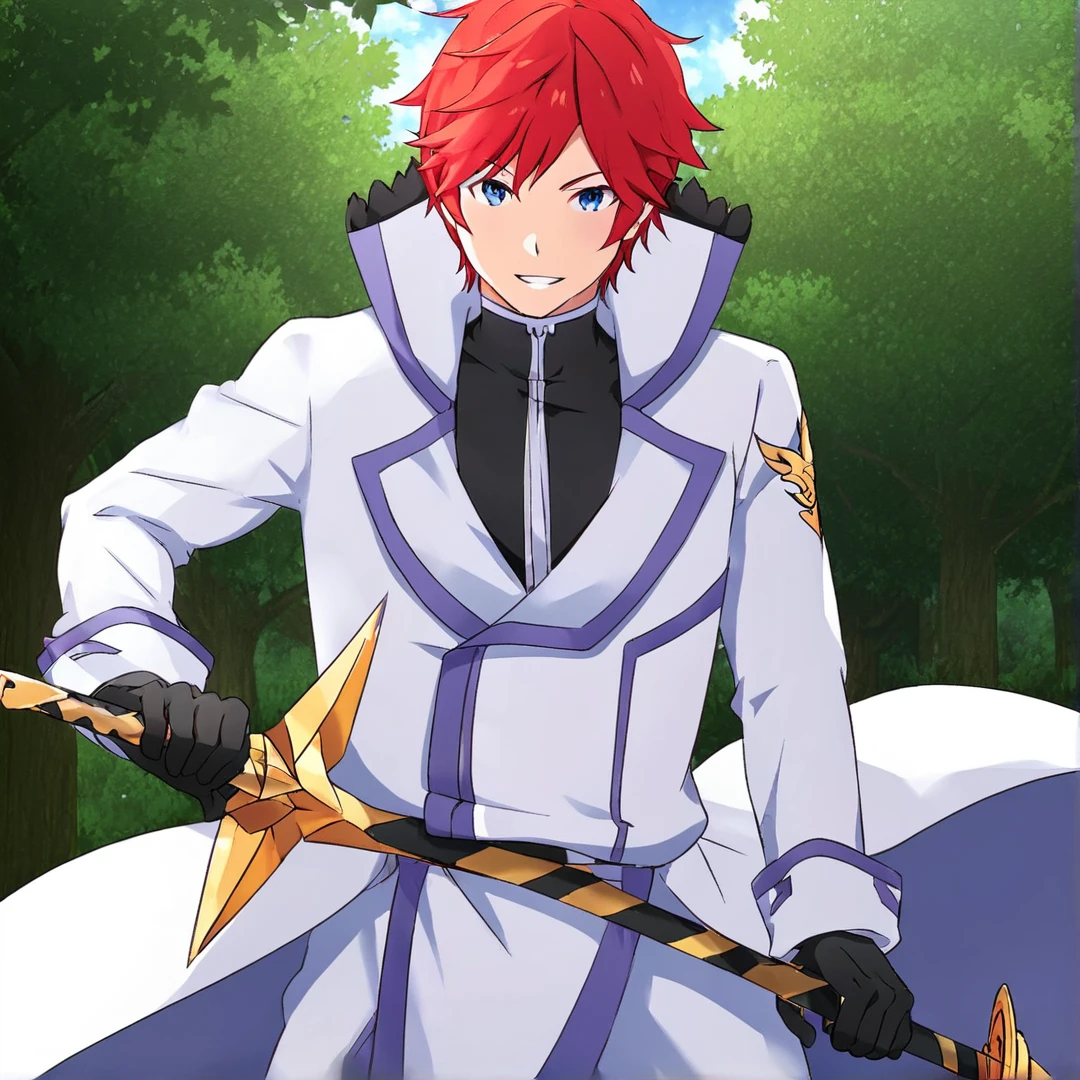 <lora:Reinhard:1>, reinhard, stands at exactly six feet tall, his most striking feature, is his distinct flaming red hair, that shines as brightly, his sparkling blue eyes, portray a sense of confidence and recklessness, his slender frame, features an array of well-toned muscles, he exuded an aura of gallantry, and, at a first glance, he gave off an intimidating air, that indicated him as someone who is above the norm, his extraordinarily handsome face, beyond average looks and his open, calming and approachable personality, makes him very popular with people, which catches the eye of many women, further exemplifying his magnificence, his casual attire consists of, a well-made black shirt, that he also wears as part of his uniform, white trousers with lilac cuffs, black shoes, black gloves, and a double-breasted white long coat, with a cutaway front, rolled cuffs, lapels, and lilac lining, the crest can be seen proudly pictured, on the upper part of his left sleeve, and a black belt, is fastened tightly around his waist, with it, he fastens his esteemed dragon sword reid, whenever he has to go out, solo, in a forest