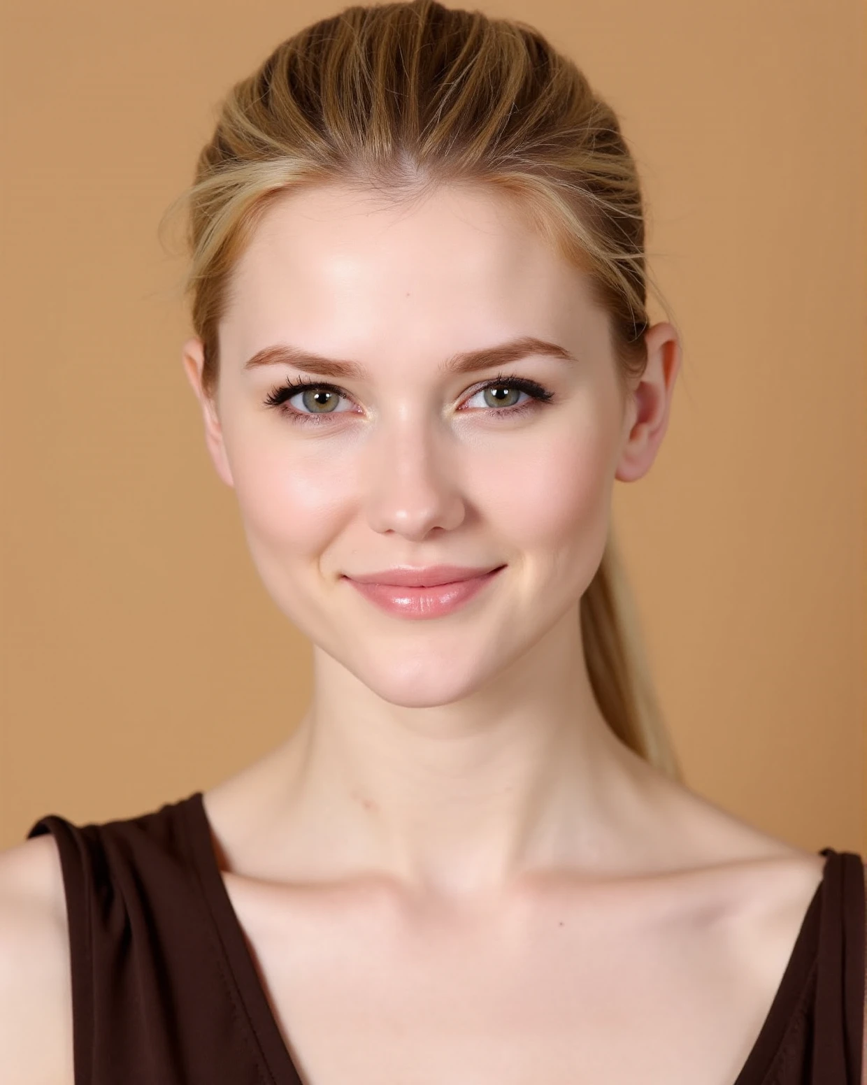 This is a high-quality portrait photograph. The image shows a young Caucasus woman captured in a professional setting, facing directly toward the camera with a natural, engaging presence. She has fair, smooth skin and well-balanced features. Her makeup is subtle, with delicate eyeliner that emphasizes her bright eyes, which make direct contact with the viewer. Her eyebrows are naturally shaped and frame her face symmetrically, and her nose is small and proportionate. Her lips are full with a gentle pink tint, curved in a soft, approachable smile.
Her  blonde hair is pulled back in a low ponytail, with a few loose strands naturally framing her face on both sides evenly. She's wearing a dark brown sleeveless top that creates an elegant contrast with her fair complexion. Her shoulders are squared to the camera but remain relaxed and natural.
The background is a warm beige tone, creating a soft and elegant atmosphere. The lighting is even and gentle, perfectly balanced on both sides of her face, highlighting her skin texture and eliminating any harsh shadows. The frontal pose allows for perfect symmetry in the composition, while maintaining a natural and confident demeanor.
The overall style of the photograph is clean and minimalist, without excessive embellishment, focusing on capturing her fresh and elegant presence. The photographer's composition and lighting techniques are professional, creating a direct connection between subject and viewer while successfully capturing an elegant and natural moment. The straight-on angle emphasizes the subject's poise and approachability, making for a compelling and inviting portrait. <lora:Quality__Details__Shaping__NSFW_Flux_V1-000001:1>