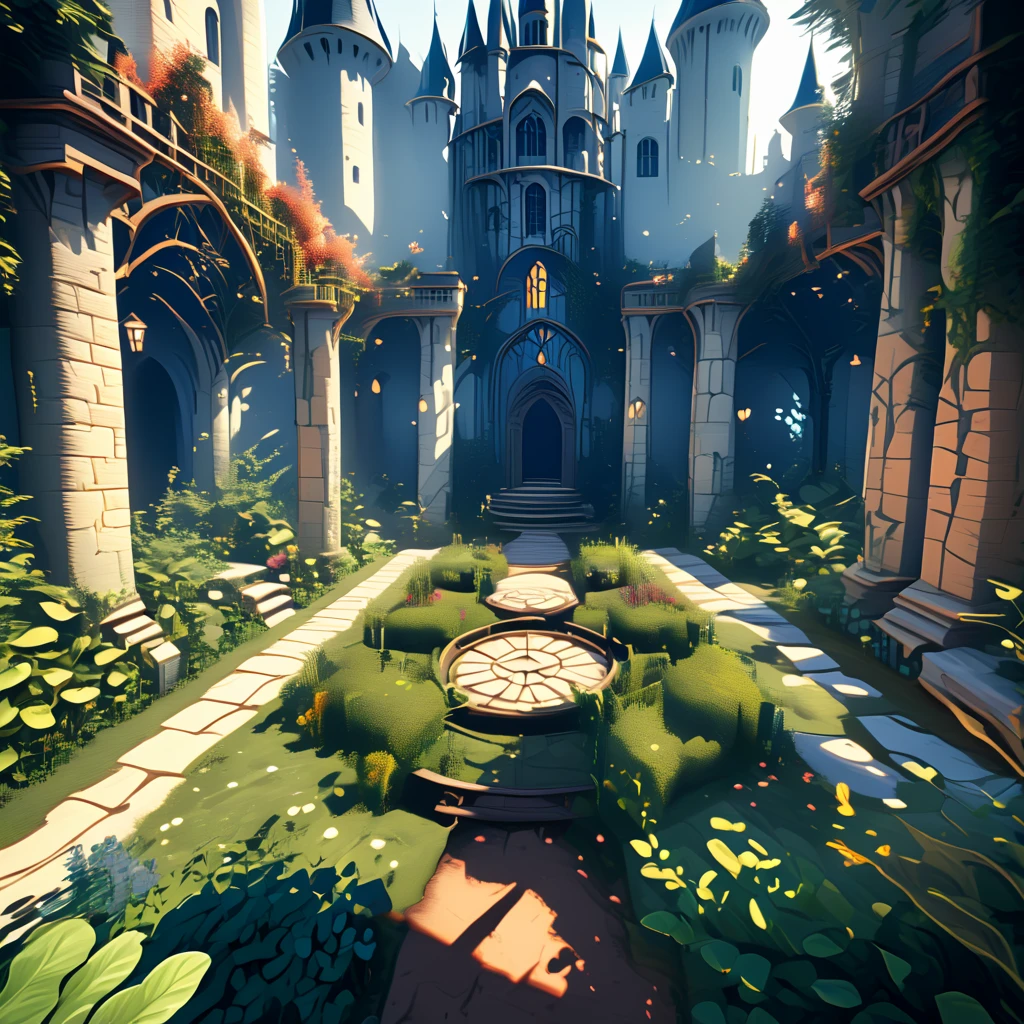 {Garden}, Castle biome, first person view perspective, rpg game, in the style of fantasy, volumetric lighting, natural lighting, natural shadows, vector art, digital art,  <lora:artfullyMAP1P:1>, artmap1p,