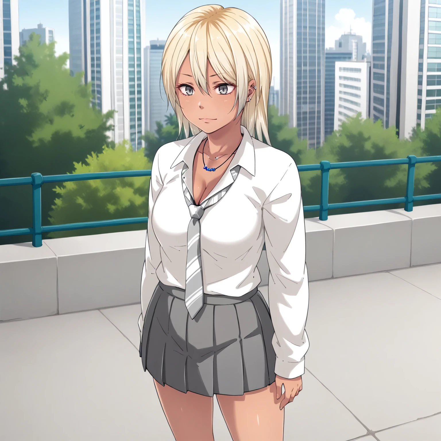 <lora:UnOMdDDMnK_NagisaXLpony001>,
outdoors,
solo,
Nagisa,1girl,blonde hair,multicolored hair,grey eyes,tan,piercing,
necklace,white shirt,cleavage,necktie,long_sleeves,
gray skirt,pleated_skirt,
loose_socks,
standing,