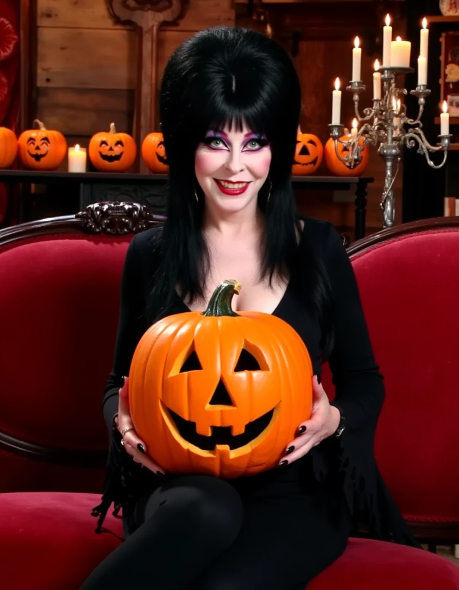 <lora:Elvira_V2_Flux:1.2>  elv!r@, black hair, black dress, makeup, sitting on a red velvet couch, holding a big jack o lantern in font of chest. looking at viewer with a big smile, candelabra in background behind couch, jack o lanterns