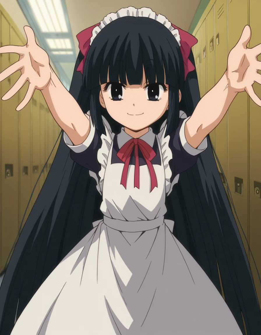 score_9, score_8_up, score_7_up, source_anime, <lora:kuro-kagami-s1-ponyxl-lora-nochekaiser:1>, kuro kagami, long hair, bangs, black hair, very long hair, blunt bangs, black eyes,, bow, ribbon, hair bow, apron, maid,, school hallway, lockers, between classes, everyday life, smile, on back, arm support, arms up, incoming hug, pov, reaching, reaching towards viewer,, looking at viewer, solo,, dutch angle, cowboy shot