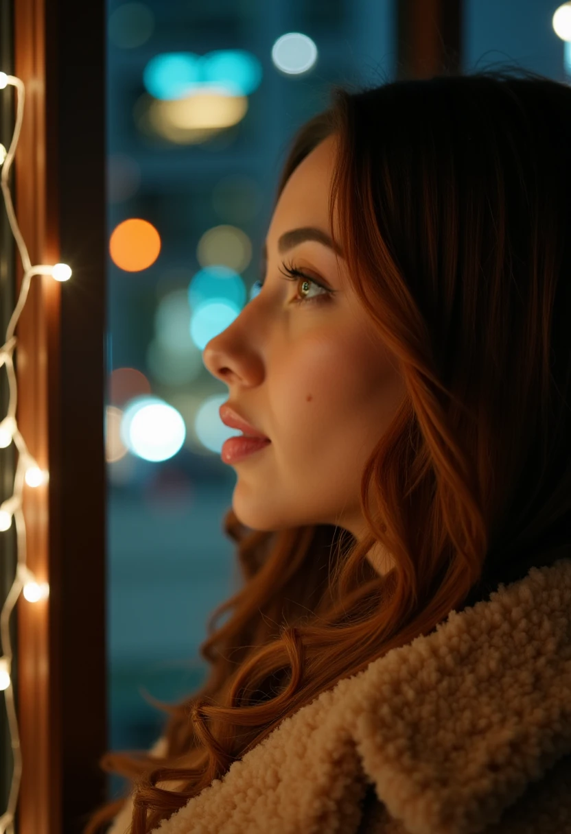 This photograph captures a close-up profile of an woman gazing out a window at night. The woman has long, brown hair with subtle highlights and is wearing a thick, luxurious fur coat with a plush texture. Her skin is smooth and slightly illuminated by the soft, warm light coming from the window, giving her a serene and contemplative expression. 

The background is blurred, creating a bokeh effect with circular lights in various colors, including blue, orange, and white, which suggest a bustling cityscape. The lights are out of focus, contributing to the dreamy and romantic atmosphere of the scene. The window frame is visible on the left side of the image, with a string of tiny, white fairy lights wrapped around it, adding a touch of whimsy and warmth to the composition. 

The woman's profile is the focal point, with her face turned slightly to the right, her eyes looking outwards, and her lips slightly parted. The overall color palette is a mix of warm and cool tones, with the woman's skin and fur coat in warm browns and the background lights in cool blues and greens. The image exudes a sense of introspection and connection to the outside world. D4HN