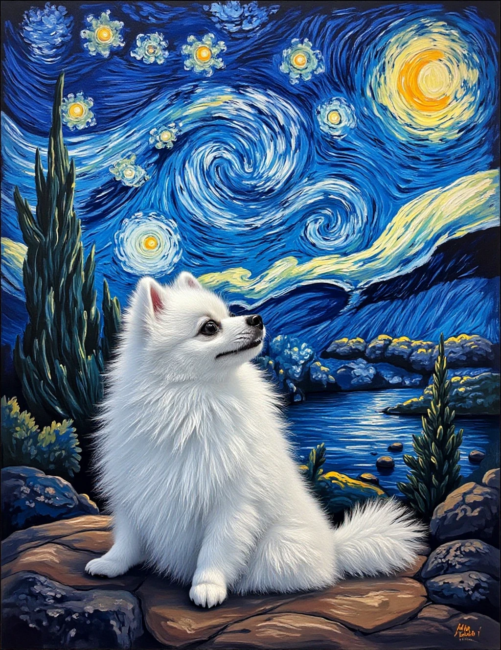 A Van Gogh-inspired painting of a snow-white Pomeranian looking up at a starry night sky, surrounded by swirling colors and dreamy landscapes.Van Gogh style, Starry Night, impressionistic, whimsical, vibrant colors, pet portrait, night sky, celestial, enchanting atmosphere, dynamic brushstrokes