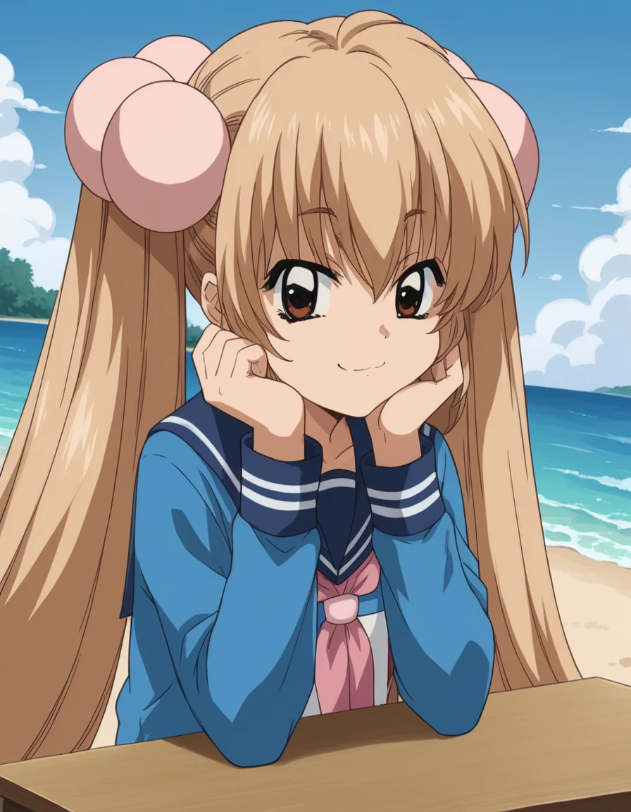 score_9, score_8_up, score_7_up, source_anime, <lora:rin-kokonoe-s1-ponyxl-lora-nochekaiser:1>, rin kokonoe, long hair, brown hair, hair ornament, twintails, brown eyes, very long hair, hair bobbles,, school uniform, serafuku, long sleeves,, beach, sand castle, swimsuit, summer vacation, ocean wave, hands behind head,, smile, sitting, head rest, table,, looking at viewer, solo,, dutch angle, cowboy shot