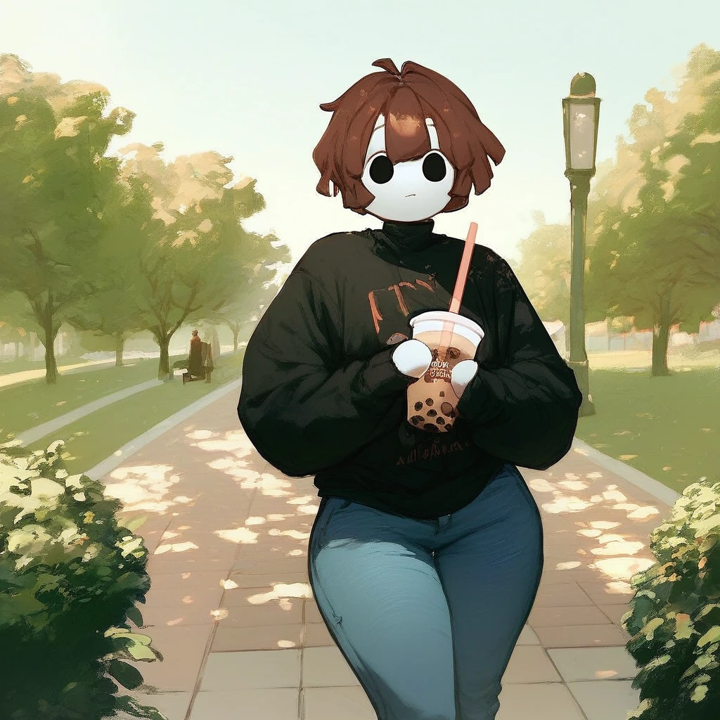 score_9_up, score_8_up, score_7_up, mikus-sona, white skin, black eyes, brown hair, black sweater, jeans, park, holding, bubble tea