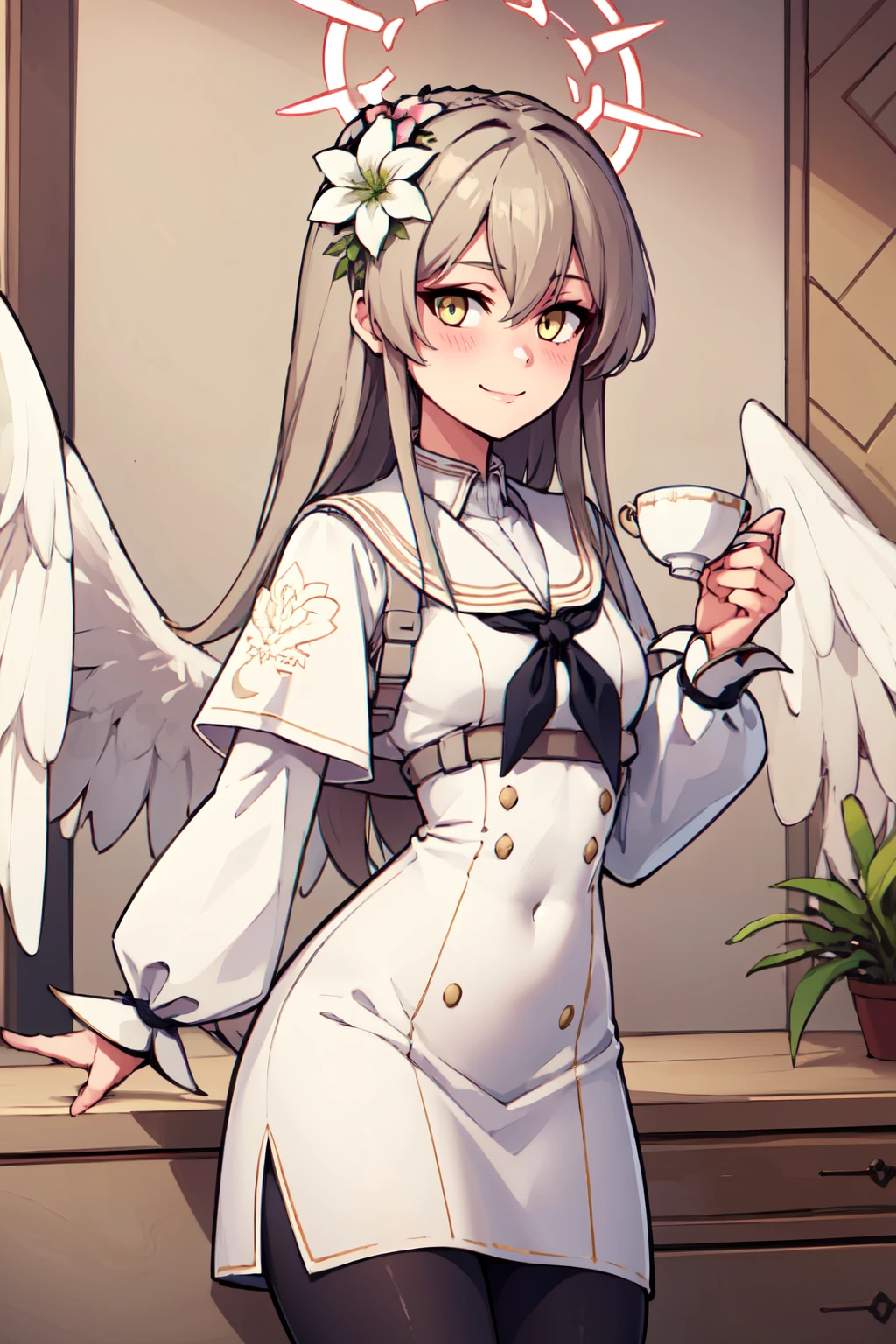 ((masterpiece,best quality)), absurdres,  BREAK, , <lora:Nagisa_BlueArchive_Citron:0.8>, zzNagisa, long_hair, halo, hair_ornament, hair_flower, wings, white_wings, angel_wings, feathered_wings, light_brown_hair, hair_between_eyes, yellow_eyes 1girl, black_neckerchief, holding_cup, long_sleeves, looking_at_viewer, sailor_collar, smile, solo, teacup, white_dress, white_flower, black_pantyhose, blush, closed_mouth, holding_saucer, sitting, brown_eyes, gun , BREAK, hip to the side, contrapposto, cowboy shot,, BREAK, solo, smile, looking at viewer, cowboy shot,