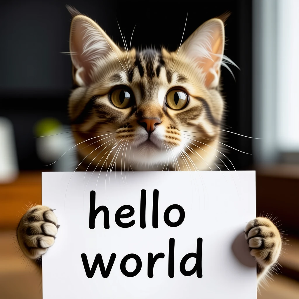 a photo of a cat holding a sign that says hello world
