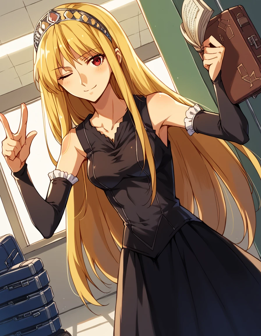 score_9, score_8_up, score_7_up, source_anime, <lora:kaibutsuoujo-liliane-s1-ponyxl-lora-nochekaiser:1>, liliane, long hair, blonde hair, red eyes, very long hair, tiara, medium breasts,, gloves, dress, detached sleeves, elbow gloves, black dress, bare shoulders, sleeveless dress, collarbone, long skirt, , airport, waiting area, suitcase, flight delayed, passengers, reading book, , <lora:double-finger-gun-ponyxl-lora-nochekaiser:1>, double finger gun,, blush, smile, one eye closed, from side, looking at viewer, solo,, dutch angle, cowboy shot