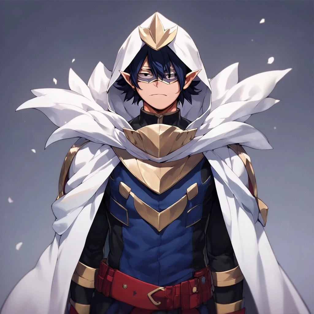 (masterpiece), score_9, score_8_up, score_7_up, score_6_up, score_5_up, score_4_up, 1boy, solo, Tamaki Amajiki, dark blue hair, hair between eyes, black eyes, pointy ears, hero costume, hood, cape, mask